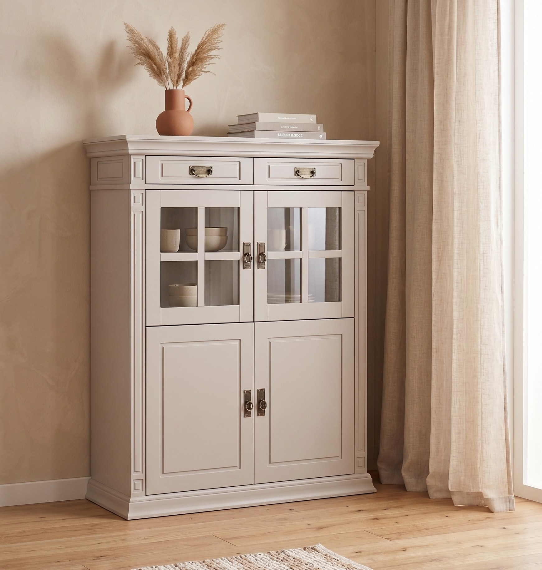 OTTO home Highboard "Vinales, 2 Schubladen, 4 Türen, 3 Einlegeböden, Griffe im Jugendstil" Vitrine, Messinggriffe im Jugendstil