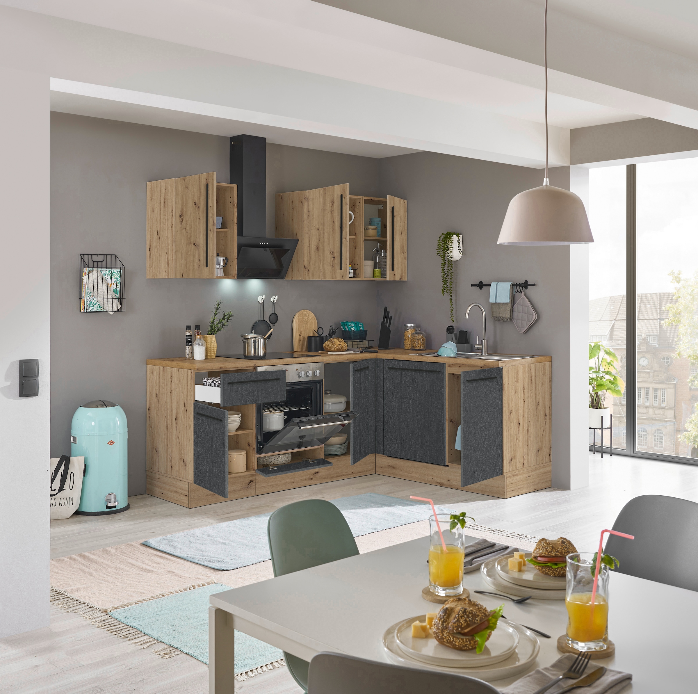 KOCHSTATION Winkelküche »Florida, Stellbreite 220x175 cm« wahlweise mit E-Geräten, mit Softclose für Türen und Schubkästen