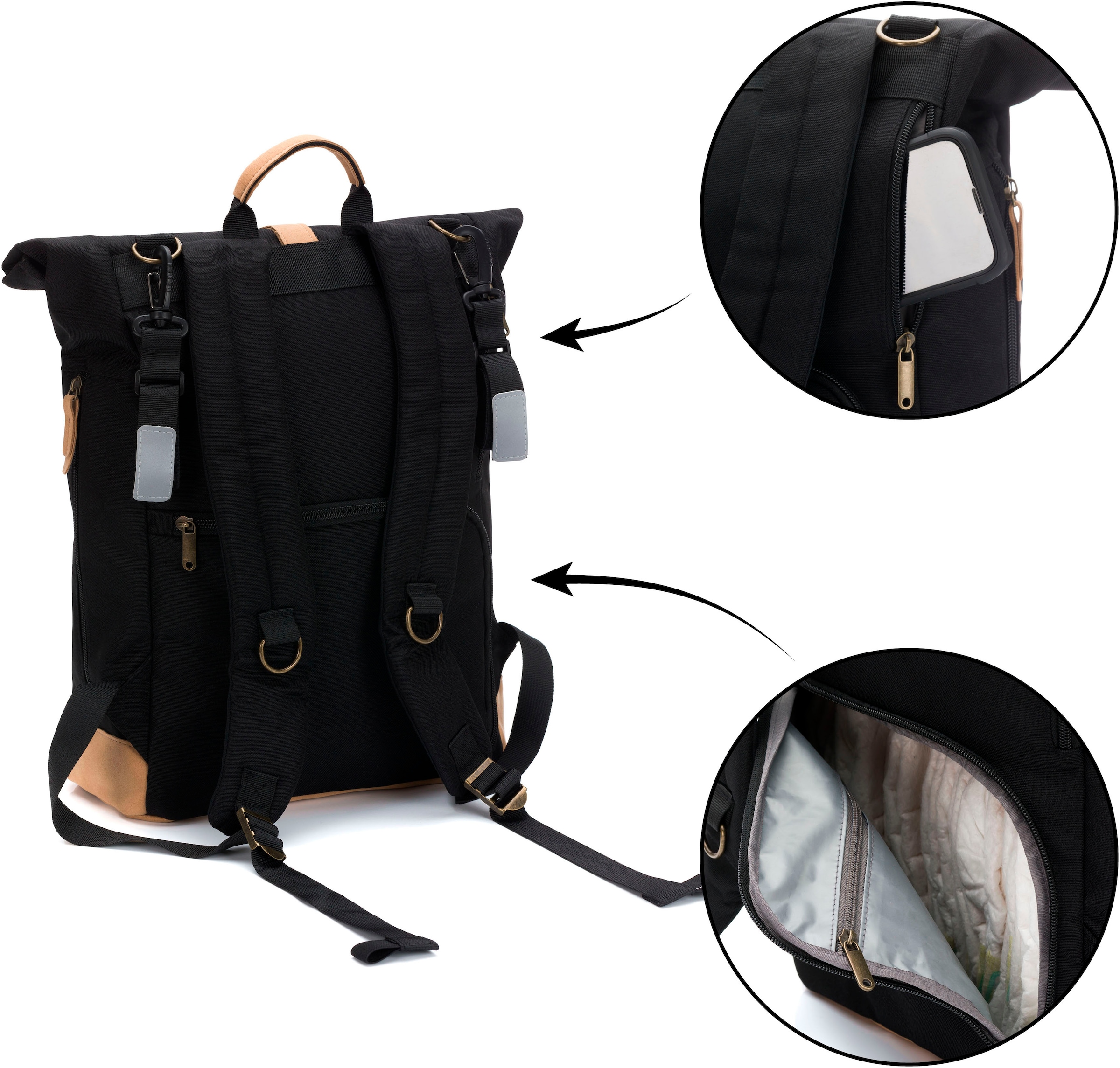 Fillikid Wickelrucksack »Rolltop Berlin schwarz« Reflektoren inkl. Wickeltunterlage