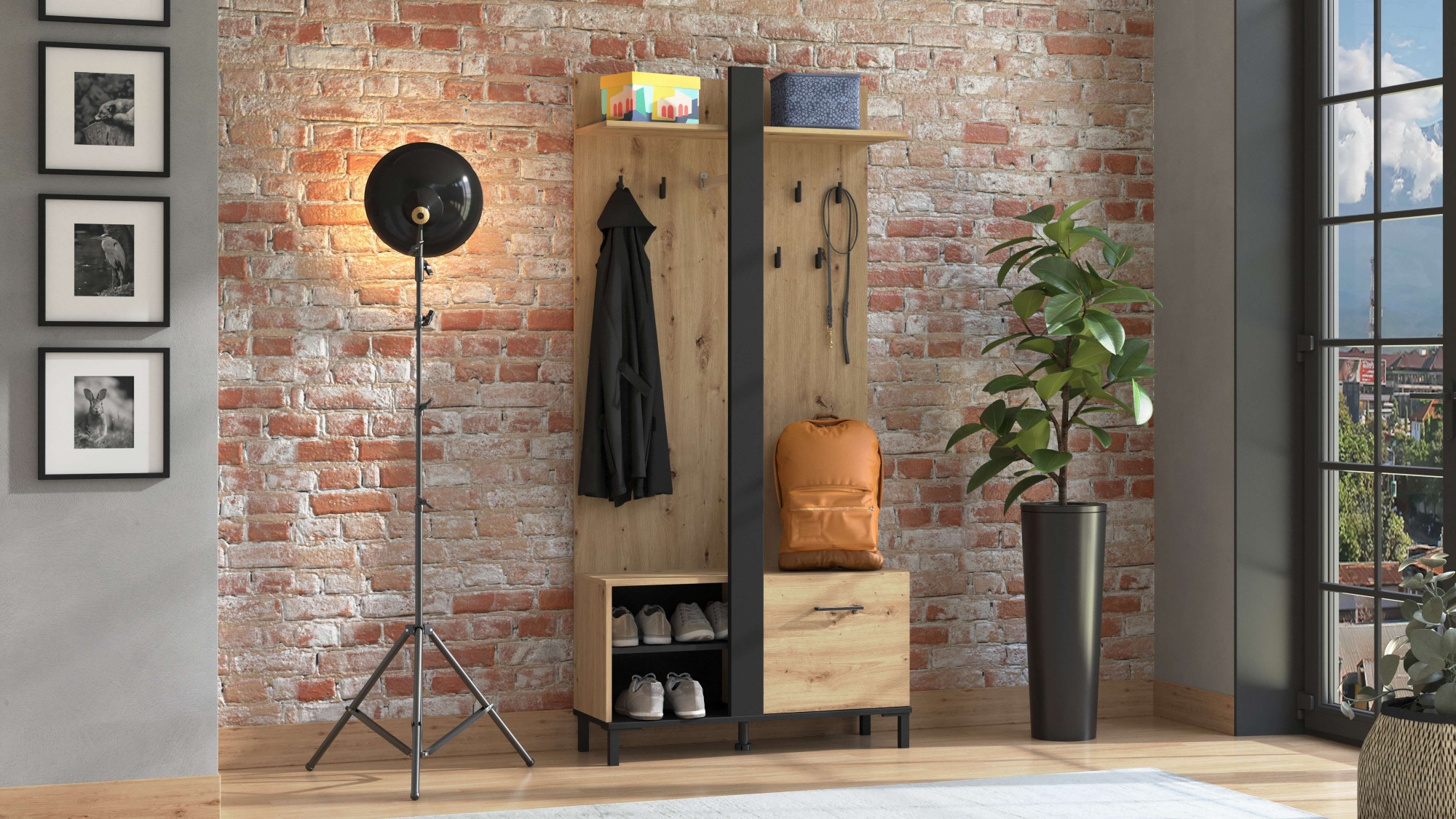 INOSIGN Kompaktgarderobe »Capitello Kompaktgarderobe, Flurgarderobe, Dielenschrank, Breite 90 cm«, Schuhschrank, Wandschrank, 8 Haken, Kleiderstange, in Artisan Eiche