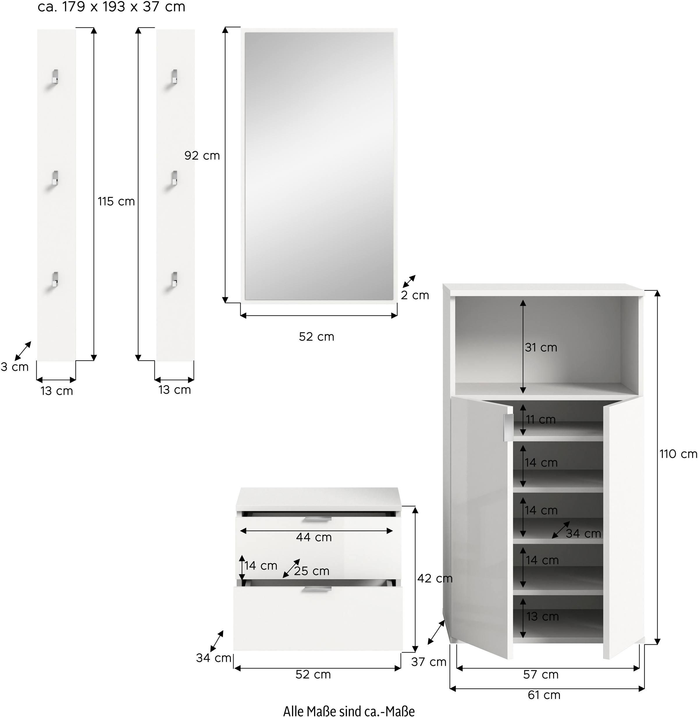 INOSIGN Garderoben-Set, (4 St.), Trondheim, Garderobenset 4-tlg.Breite 179 cm, Flur, Diele, Kombination