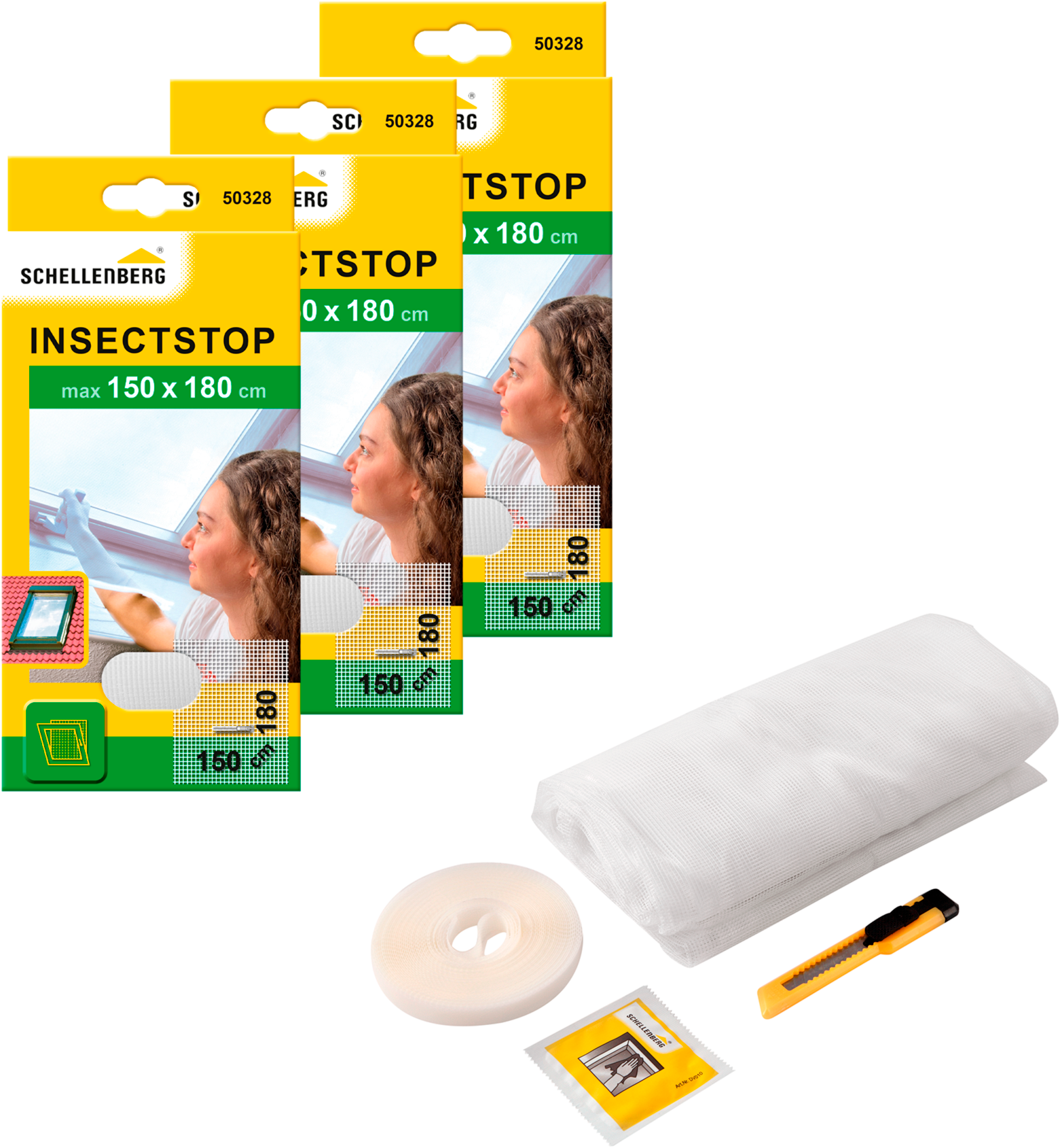 SCHELLENBERG Fliegengitter-Gewebe "für Dachfenster mit Reißverschluss", B/H: 150cm x 180cm, 3er Pack, weiß, Insektenschutzgitter, Insektenschutz ohne