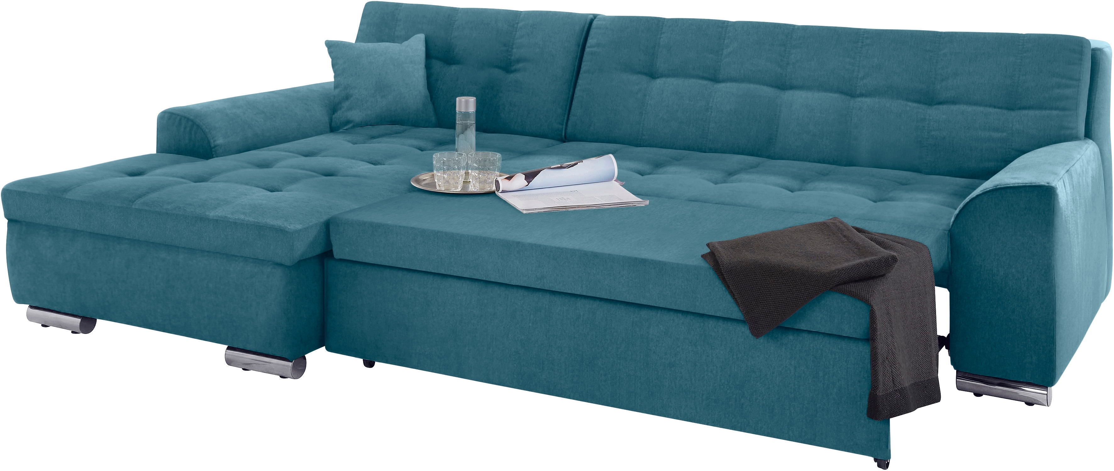 Thumbnail - DOMO collection Ecksofa "Aversa, moderne Steppung, geschwungene Armlehnen, Breite 267cm" L-Form, wahlweise mit Bettfunkt...