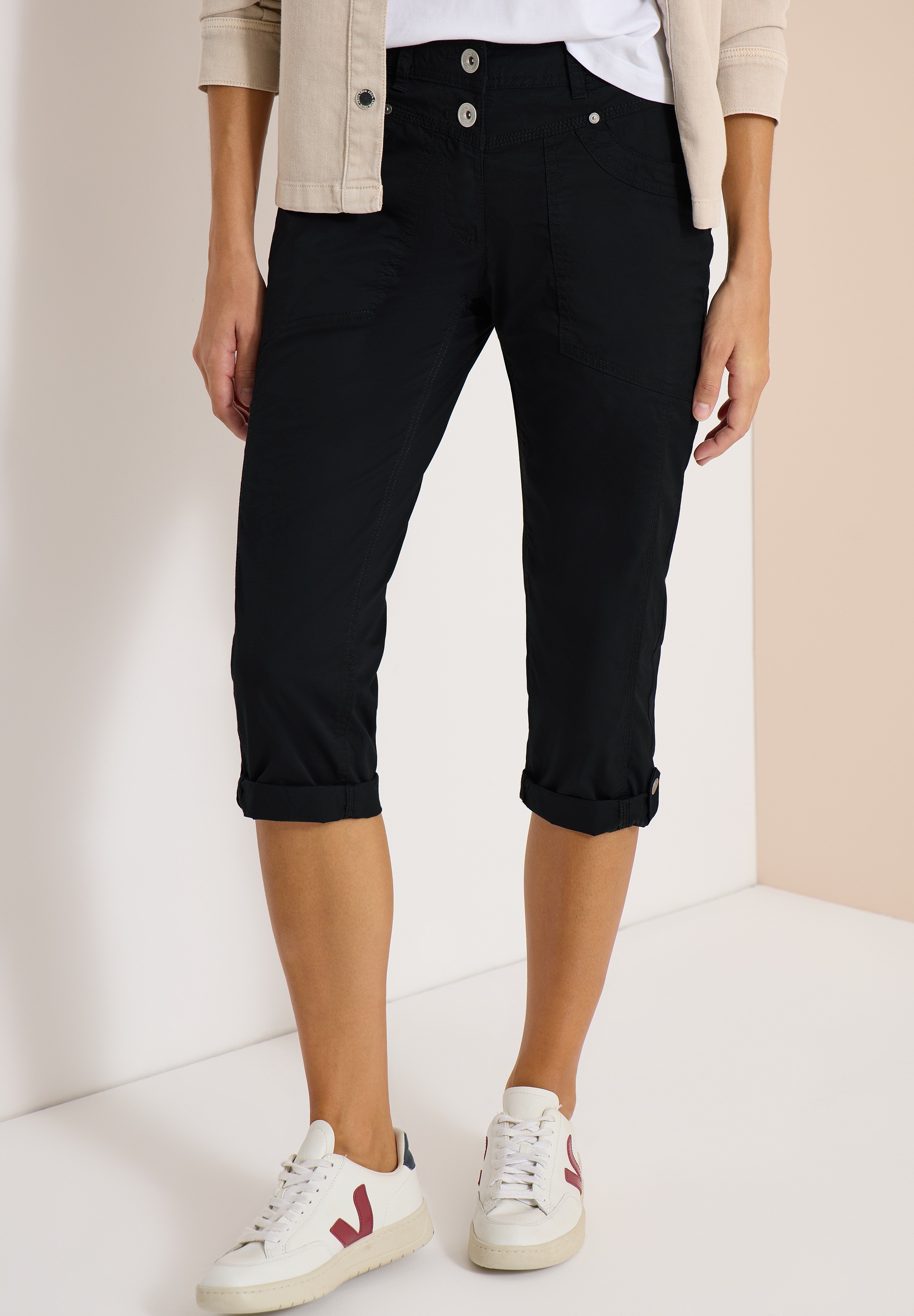 3/4-Hose CECIL, Damen, Gr. 26, Länge 22, schwarz, Web, 98% Baumwolle, 2% Elasthan, unifarben, comfort fit 3/4-Länge, Hosen, aus Baumwolle mit Stretchanteil