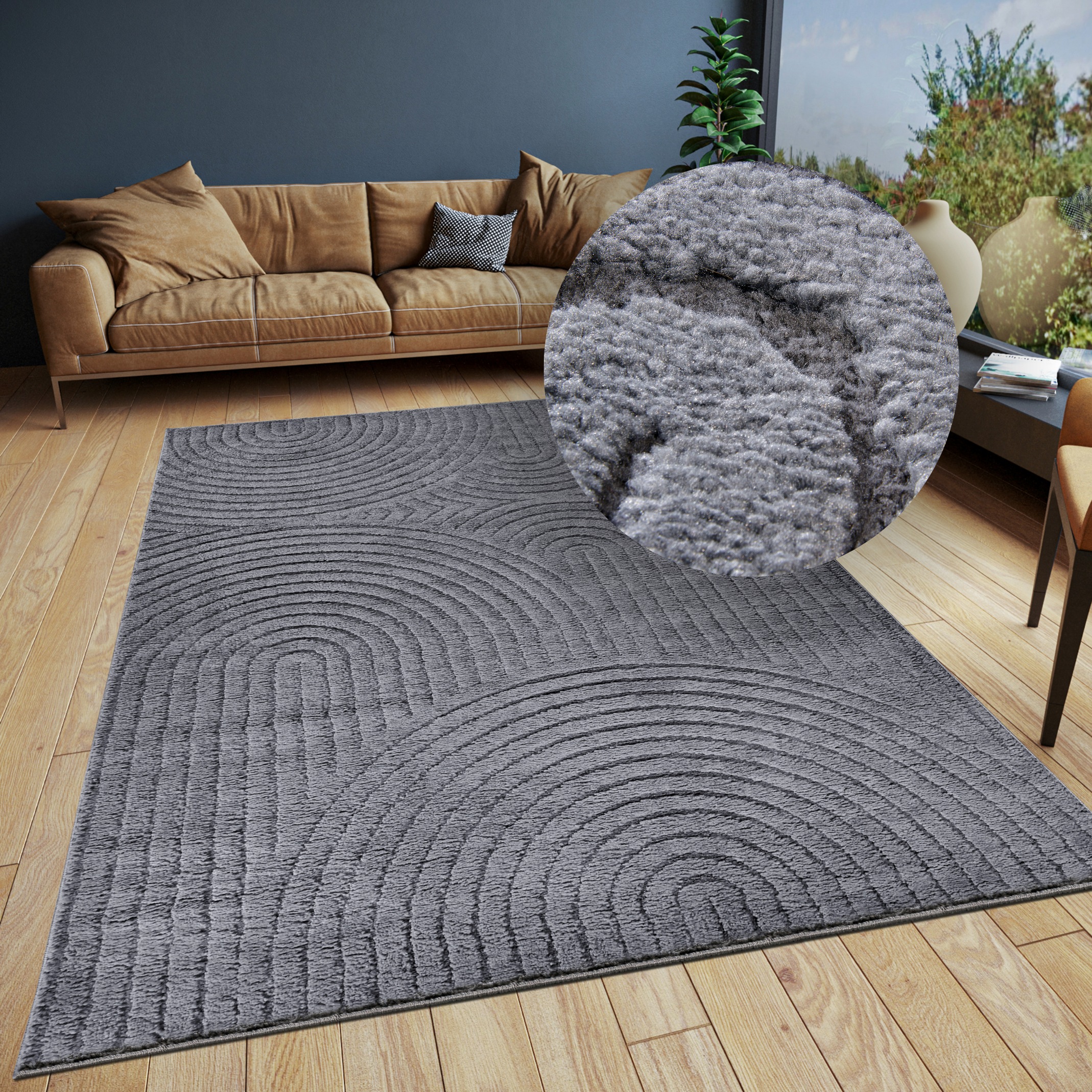 Designteppich ELLE DECORATION "Cosy Panglao, auch als Rundteppich erhältlich", grau (anthrazit), B:200cm H:14mm L:280cm, Polyester, Polypropylen (PP), Teppiche, uni Kurzflor, Hoch Tief Struktur, modern, Skandi, Boho, Wohnzimmer