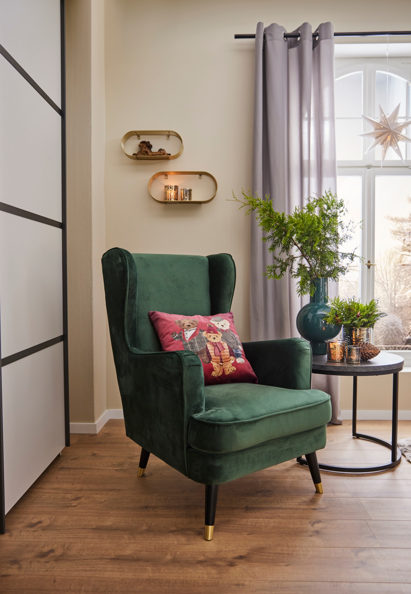 Home affaire Ohrensessel »ZILLER, TV-Sessel, frei im Raum stellbar, in Cord und Samtvelours,«, Holzfüsse mit dekorativen Metallhülsen, Traumhafter Relaxsessel