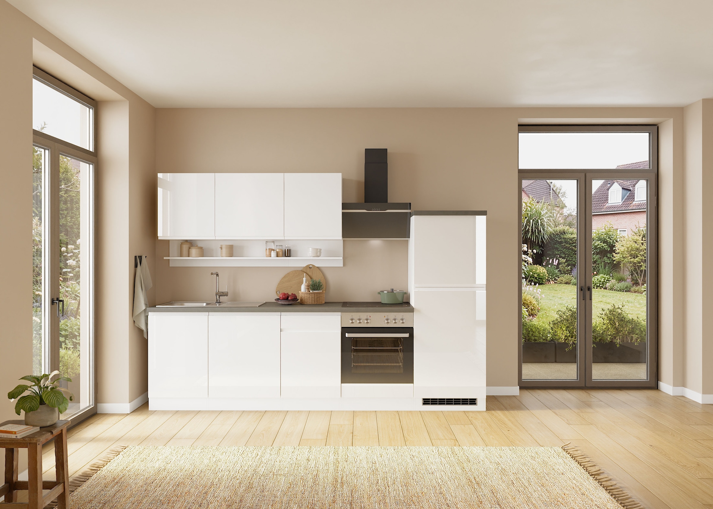 KOCHSTATION Küchenzeile »KS-Virginia,neu in verbesserter Ausführung« Arbeitsplatte 38 mm stark, Stauraum, Softclose,  Breite 280 cm, Soft-Close, wahlweise mit E-Geräten