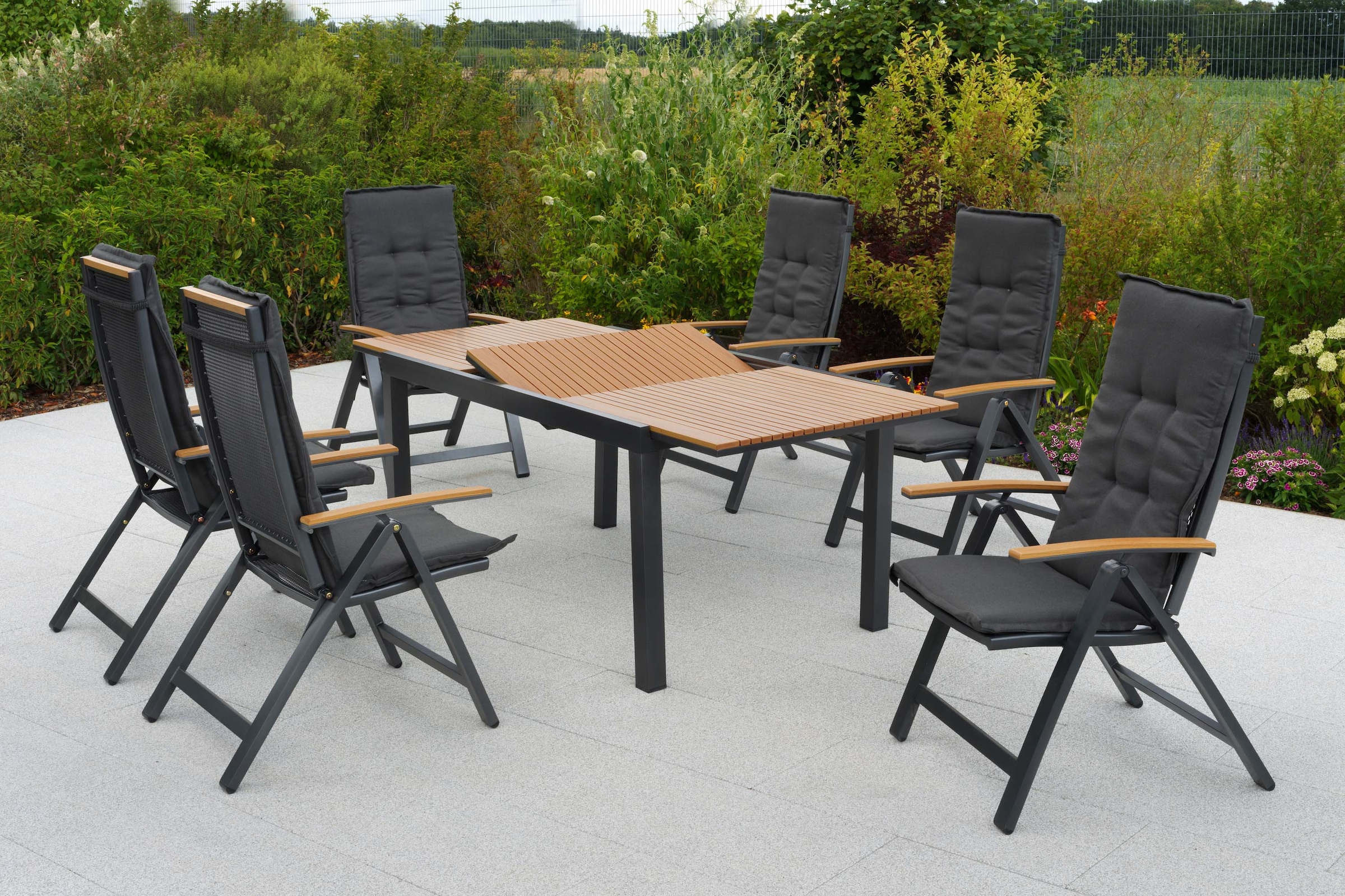 MERXX Garten-Essgruppe »Itanos« Set, 13 tlg. inkl. 6 Klappsessel, 6 Auflagen, 1 Ausziehtisch
