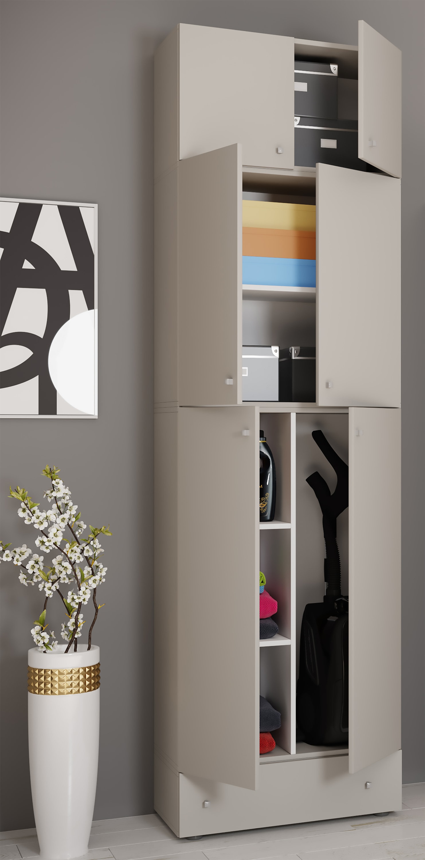 VCM Mehrzweckschrank »VCM Holz Besenschrank | 6 Fächer | Maße: H. 240 x B. 70 x T. 39 cm | Haushaltsschrank | Mehrzweckschrank | Aufsatz mit 2 Türen | Extra Schublade - Lona«, (1 St.)