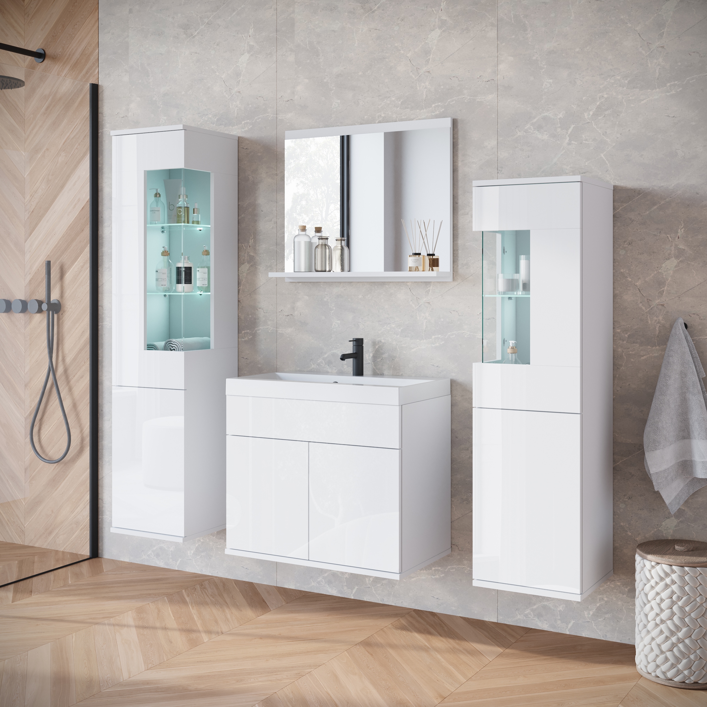 INOSIGN Badmöbel-Set »Kenia«, (Set, 5 St.), Modernes Badmöbel-Set mit viel Stauraum und Glaseinsatz