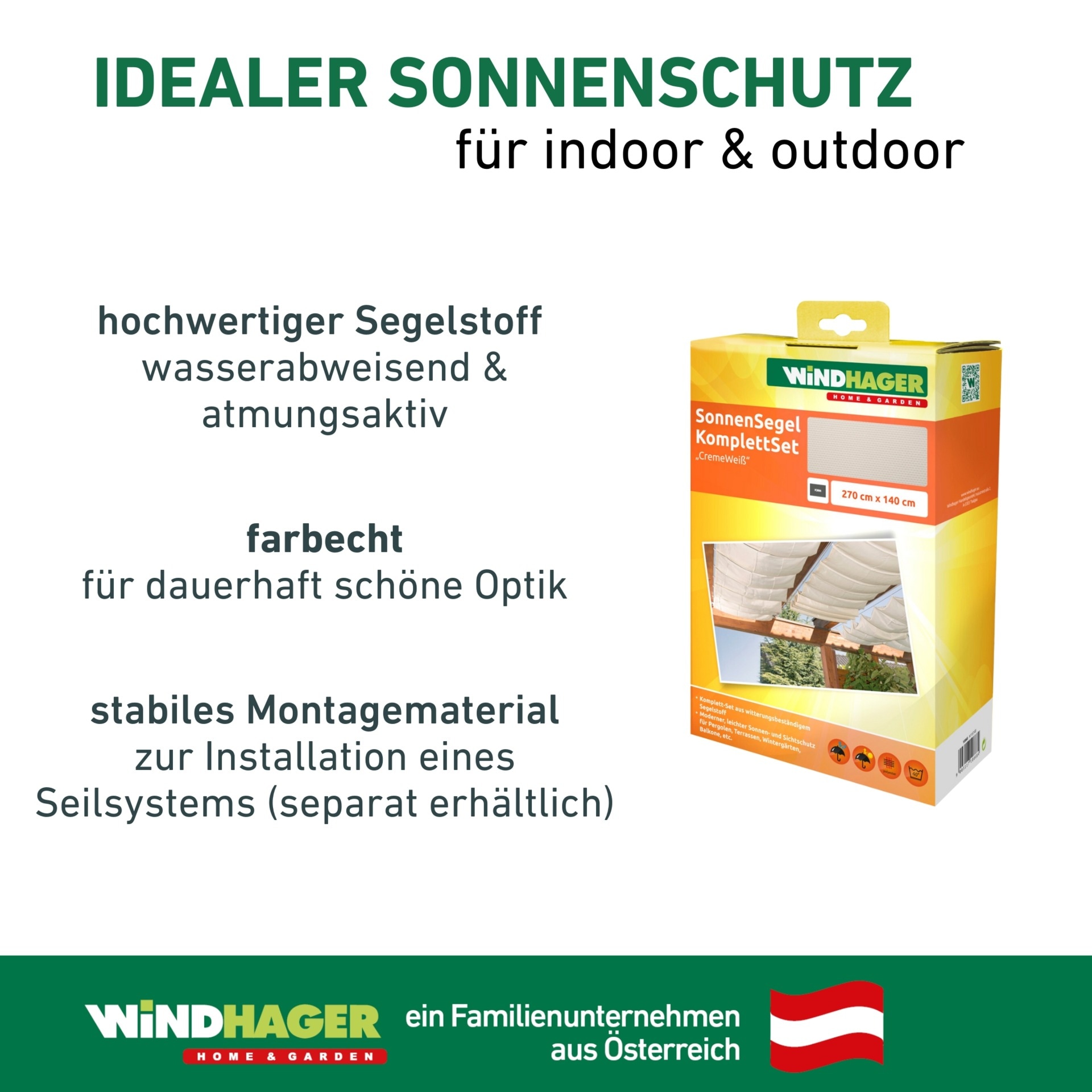 Windhager Seilspannsonnensegel »komplett-Set, Sonnensegel und Montagezubehör« Sonnenschutz für Garten, Terrasse, 140 x 270 cm, cremeweiß