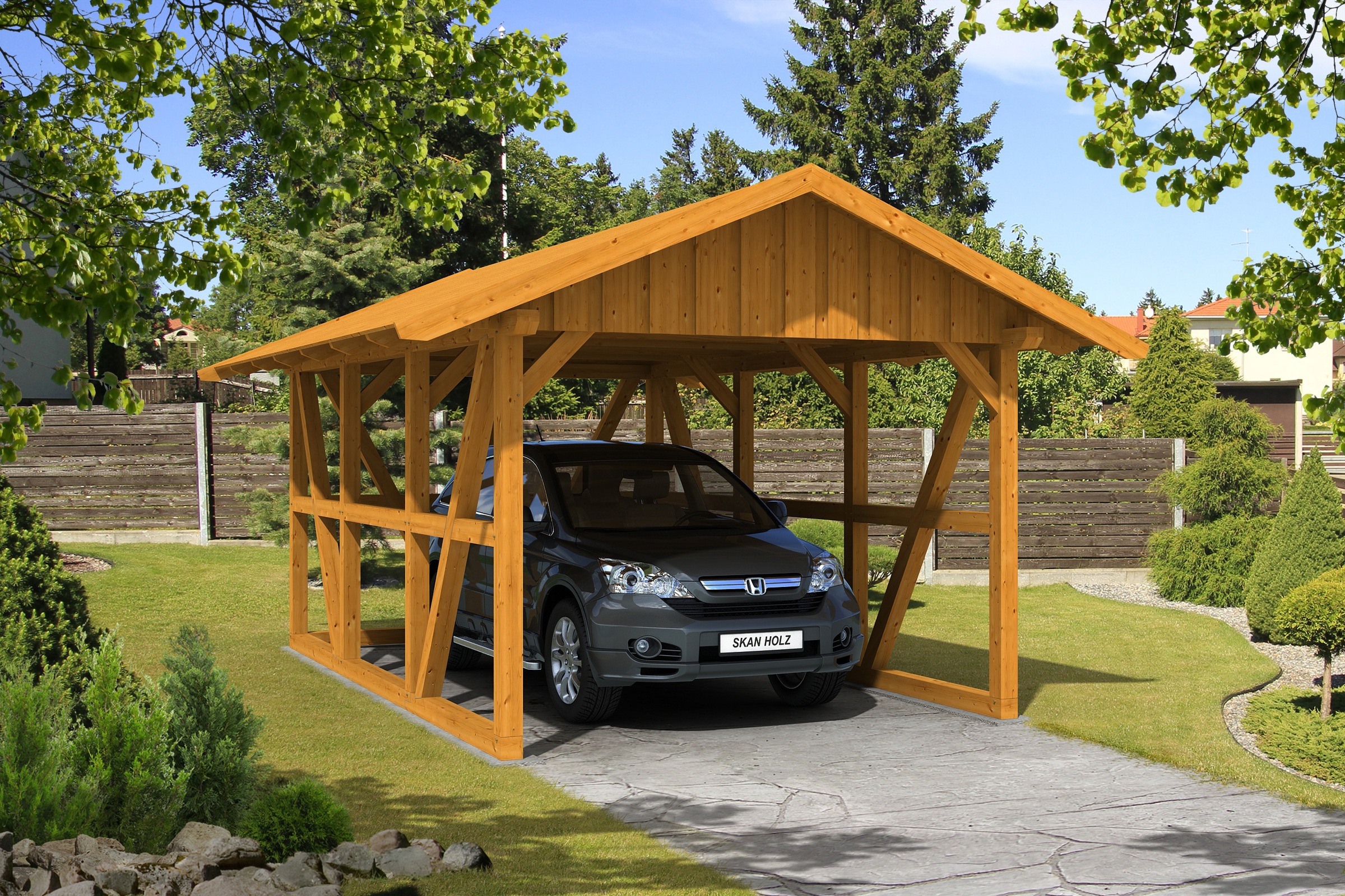 Skanholz Einzelcarport »Schwarzwald«, KVH-Fichte, 300 cm, Eiche hell, mit Rückwand, mit Dachschalung