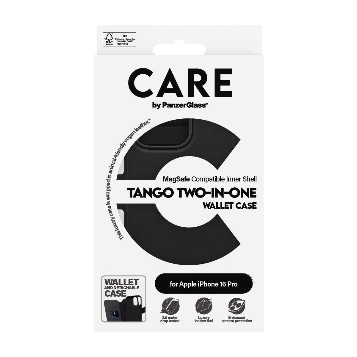 CARE by PanzerGlass Handyhülle »Case Feature Tango 2-in-1 Wallet Case Apple iPhone 16 Pro«, Backcover, Schutzhülle, Handyschutzhülle, Case, Schutzcase, stoßfest