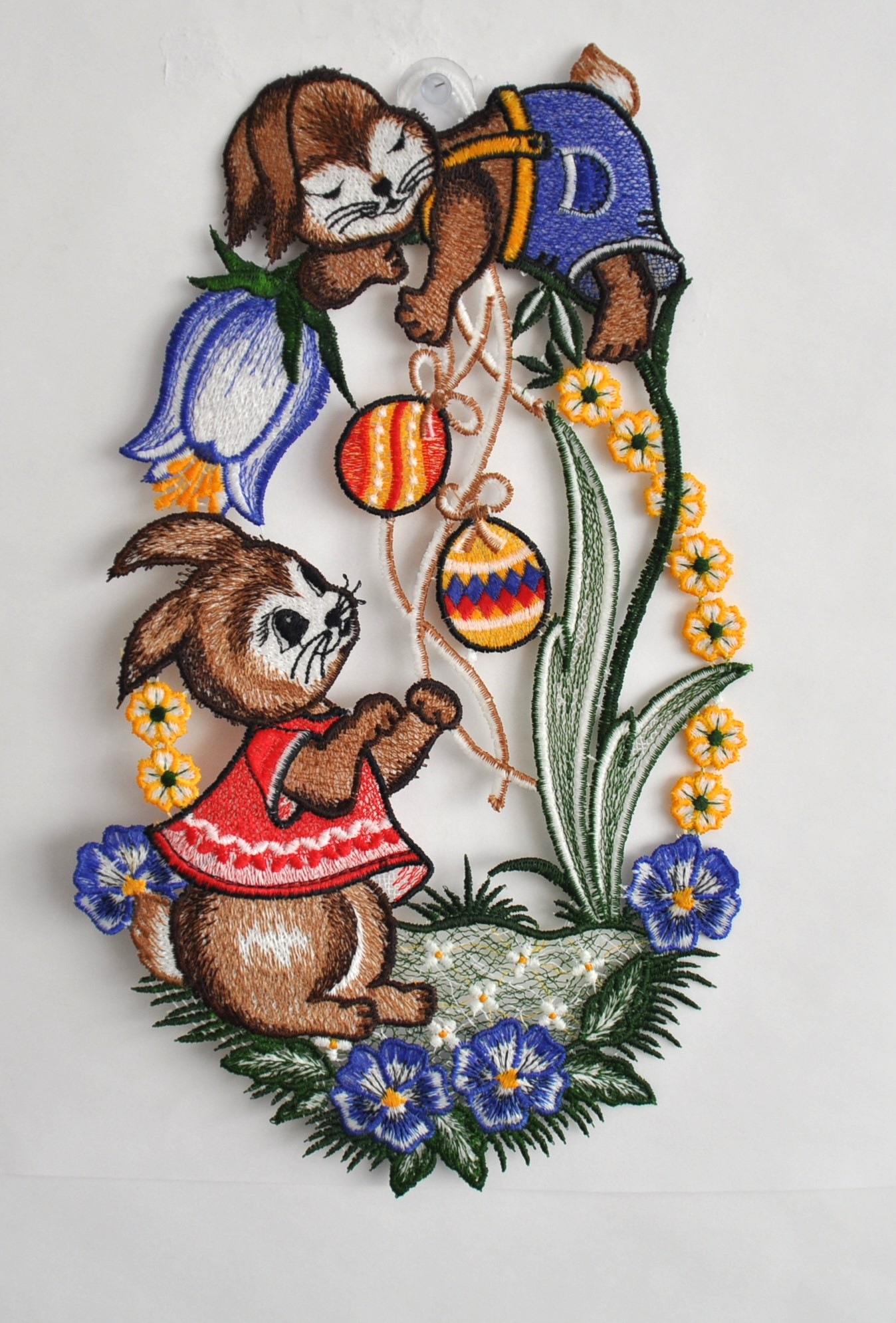 Fensterdekoration STICKEREIEN PLAUEN "Fensterbild Osterhasen", bunt, B:19cm H:31cm T:0,5cm, Polyester, Fensterbilder, Fensterdekoration, Plauener Spitze