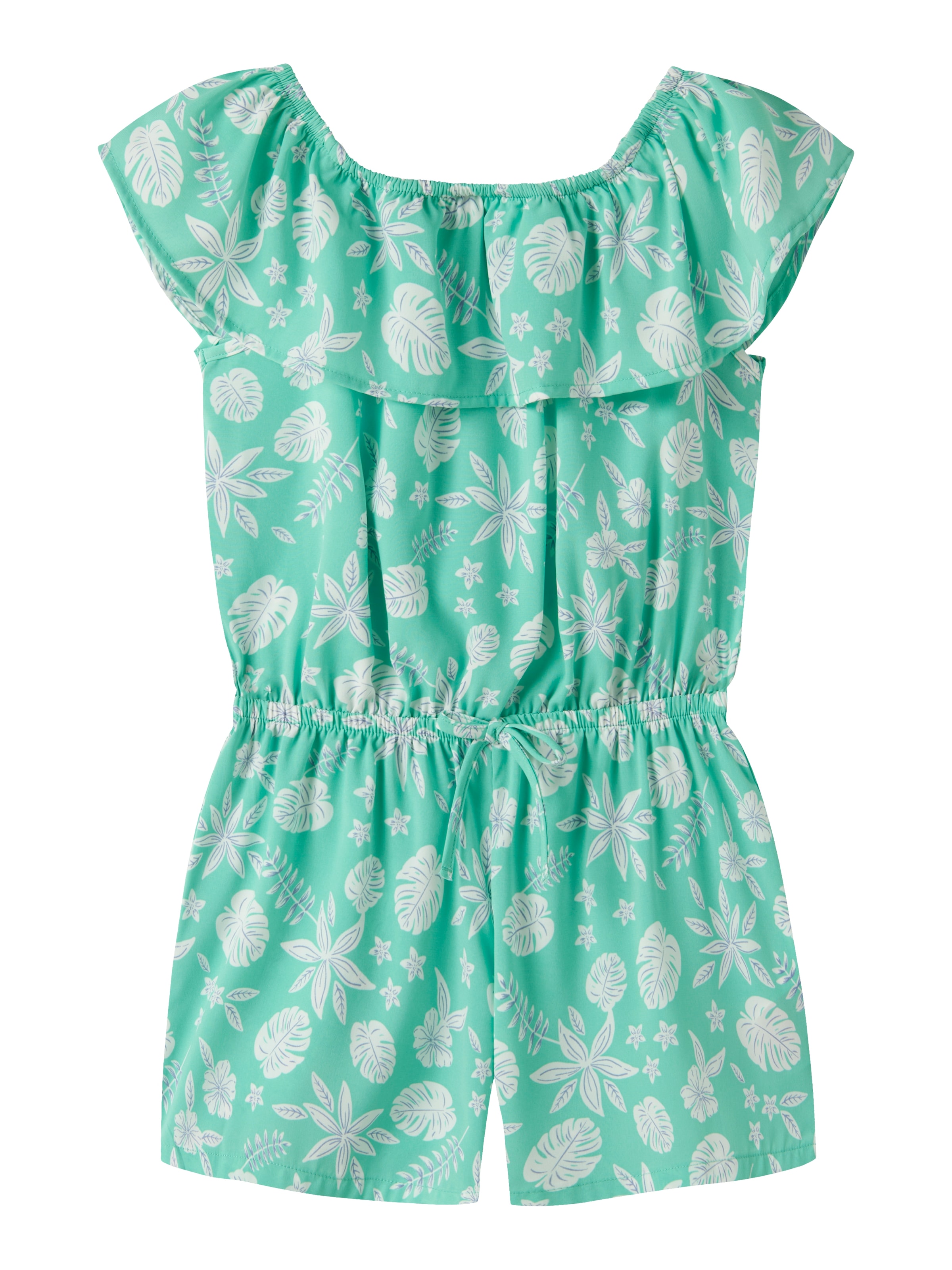 Kurzoverall NAME IT "NKFVINAYA PLAYSUIT FFF", Mädchen, Gr. 134, N-Gr, bermuda aop:tropical, Web, Obermaterial: 98% Polyester, 2% Elasthan, bedruckt, regular fit kurz, Carmenausschnitt, Overalls Kurzoverall, Kunstfaser, elastischer Bund, Allover-Druck