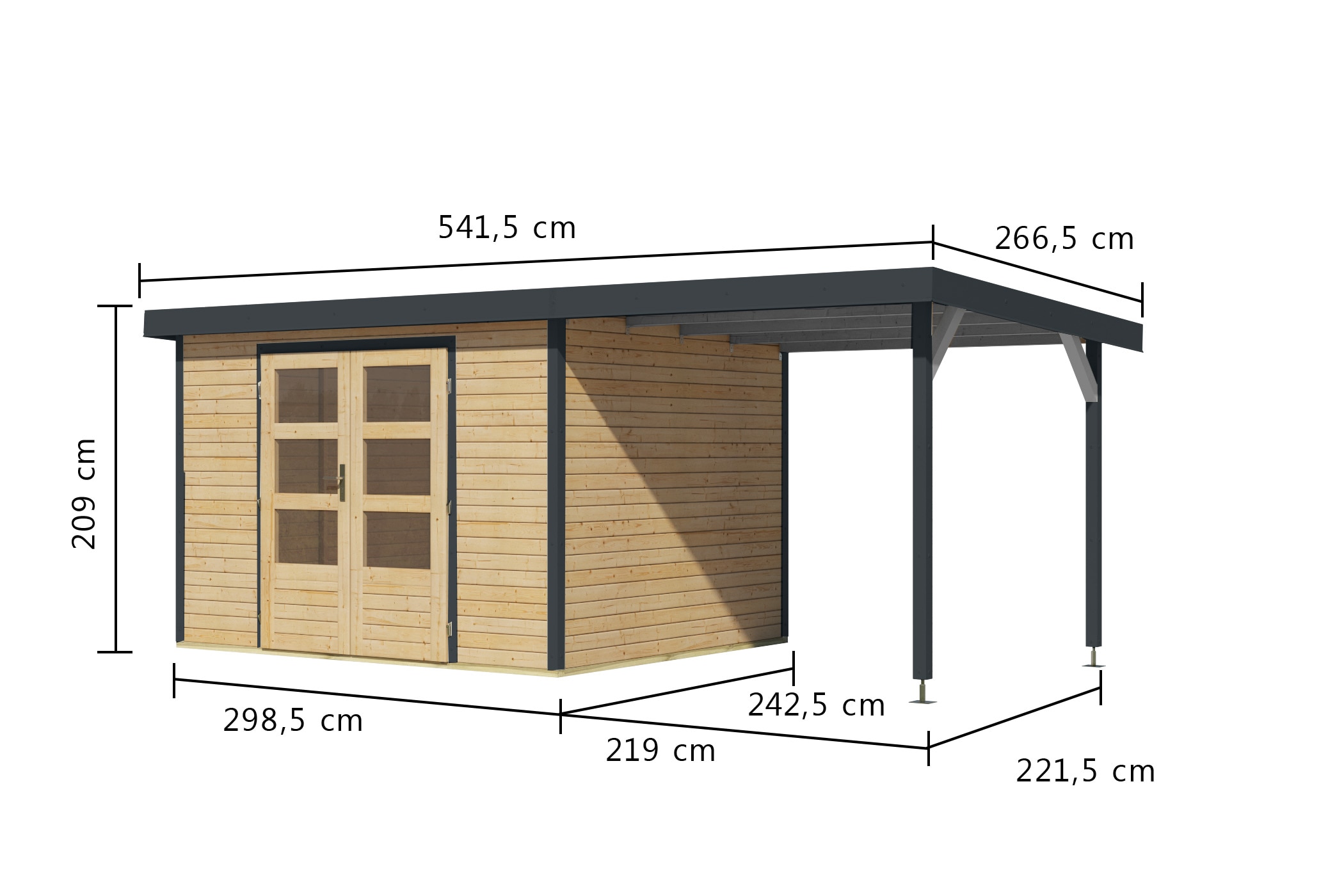 Karibu Gartenhaus »"Jupiter 5 A" SET naturbelassen, mit Anbaudach 2,35 m breit«, hochwertige Materialien: nordische Fichte, Stahlecken, Trapezblechdach