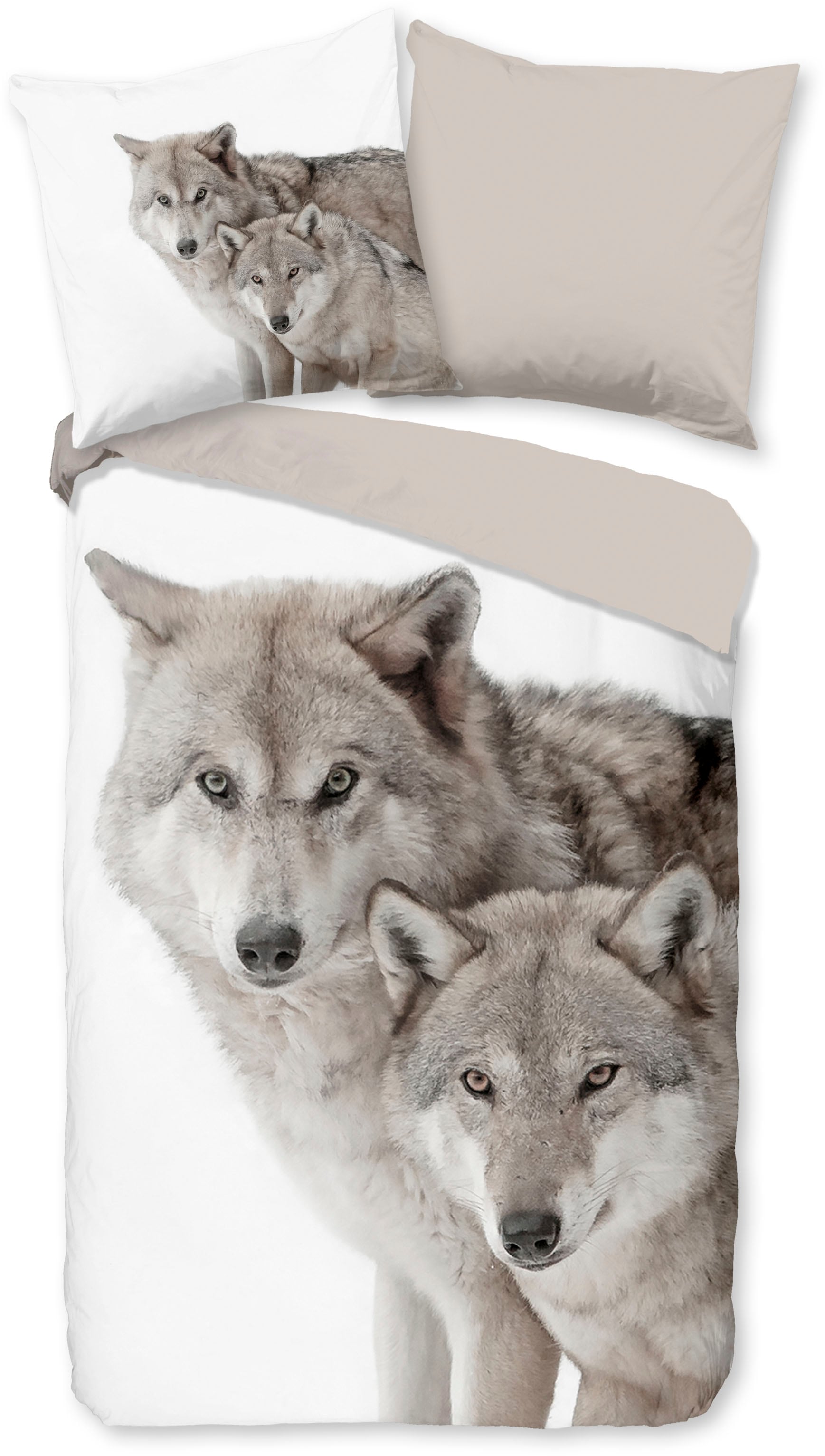 good morning Wendebettwäsche »Fera«, Biber, 135x200, Warm, Weich, Wendeoptik, Reißverschluss, Wolf, Sand