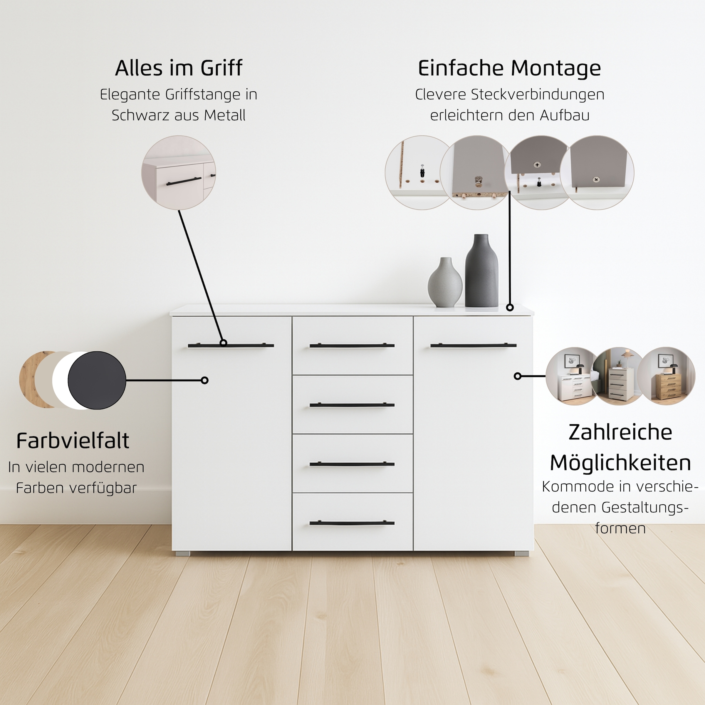 rauch Kombikommode »Sideboard Schubladenkommode AVOLA mit Dekorfront«, (Breite 120 cm inkl. Soft-Close-Funktion), vier große Schubladen und 2 Türen, mit 4 Einlegeböden MADE IN GERMANY