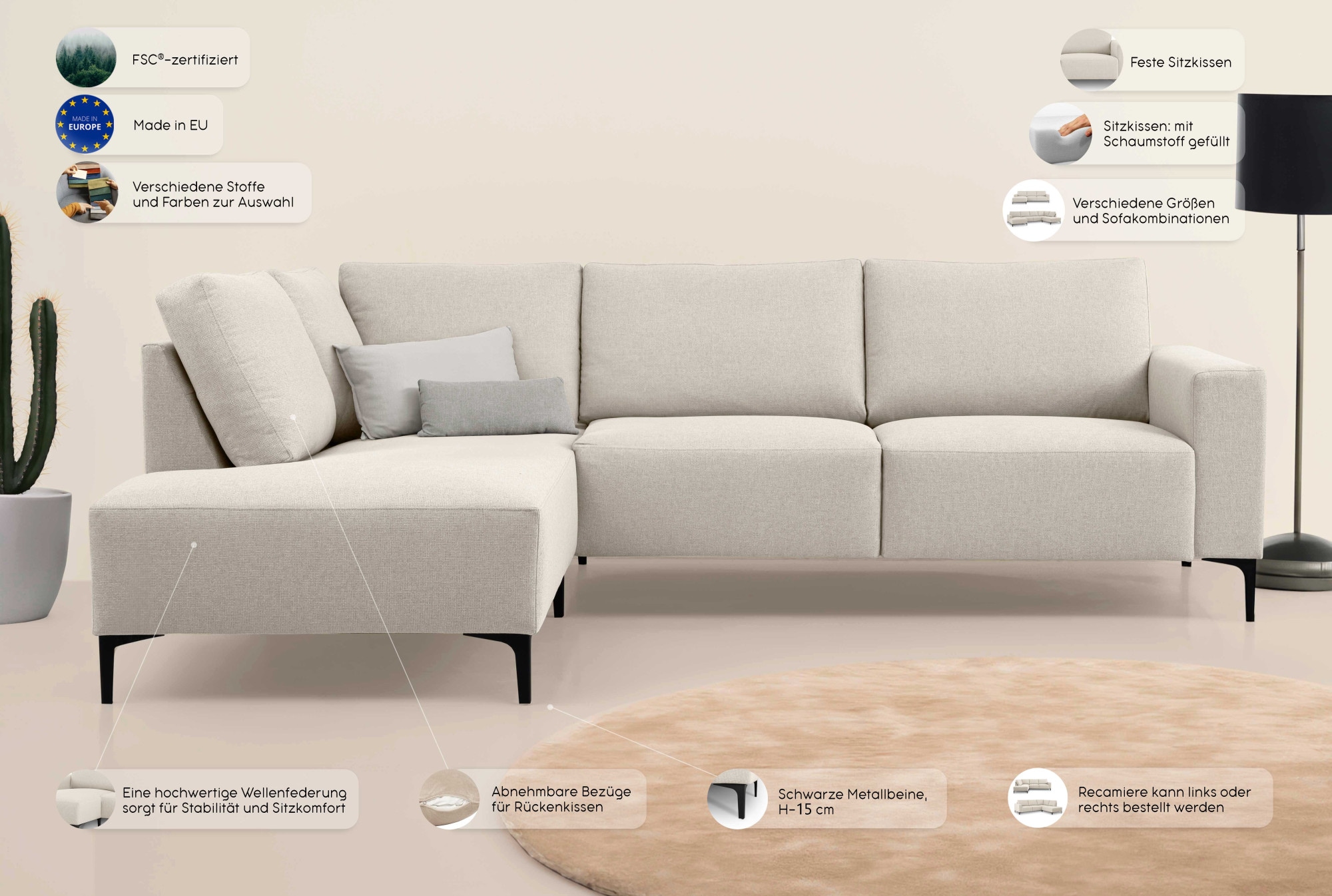 Home affaire Ecksofa »Tournon«, L-Form, Breite 256 cm, Webstoff, Chenille