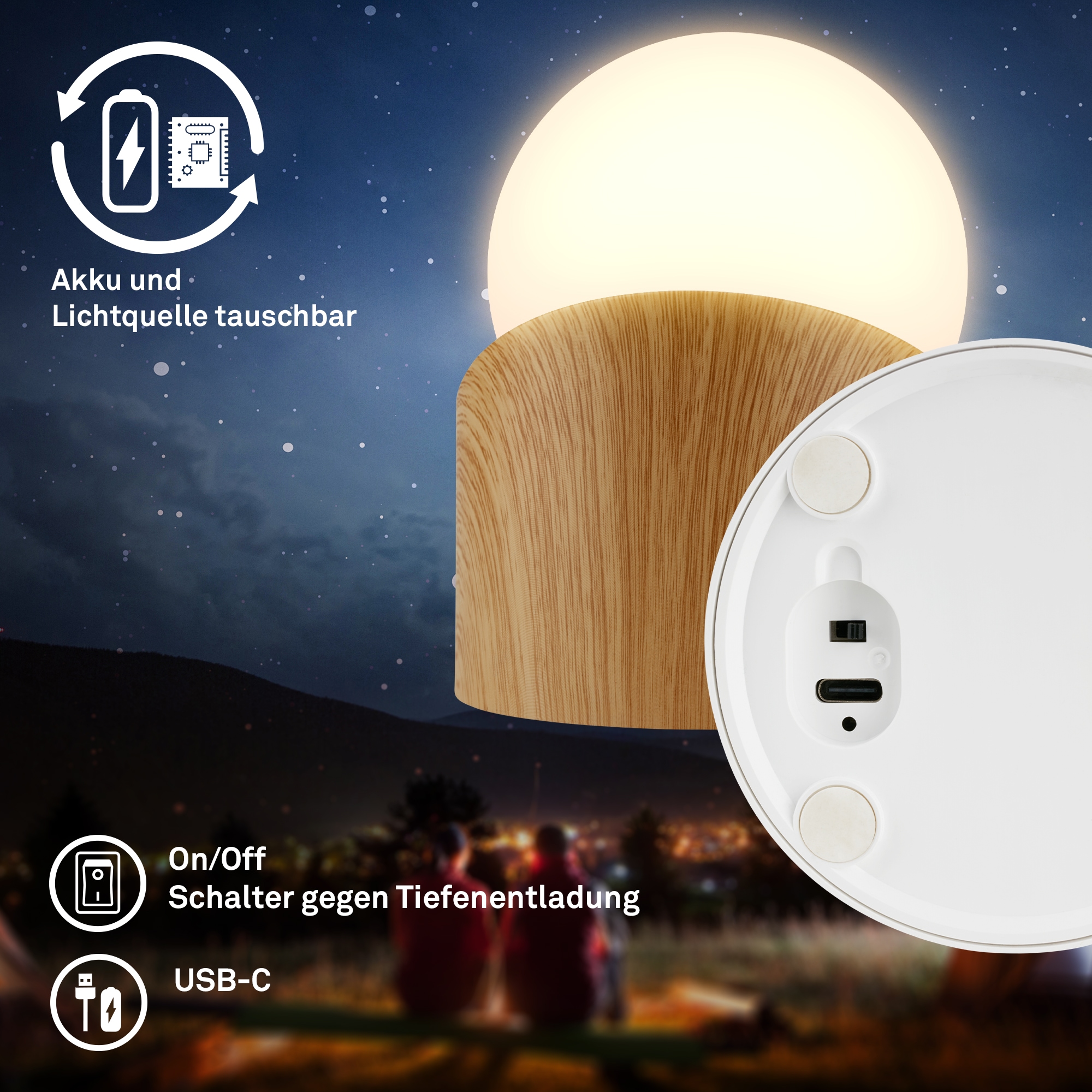 Briloner Leuchten LED Außen-Tischleuchte »SORA« LED-Board 2 Stk. Warmweiß kabellos 10x8x9cm Holzfarben 2W Kinderzimmer Outdoor Außen 2er-Set