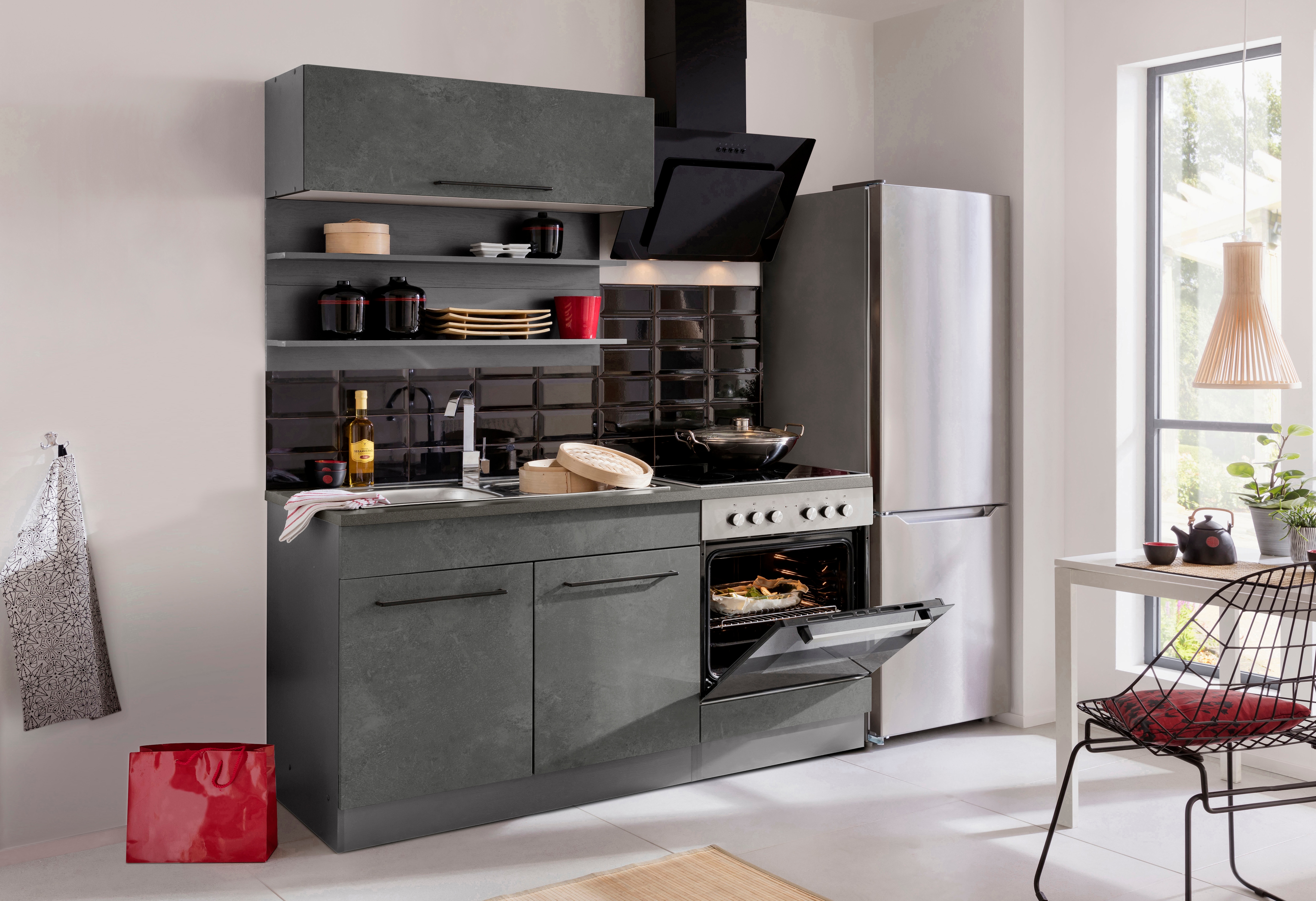 KOCHSTATION Pantryküche "KS-Tulsa" Breite 160 cm, schwarze Metallgriffe, hochwertige MDF Fronten