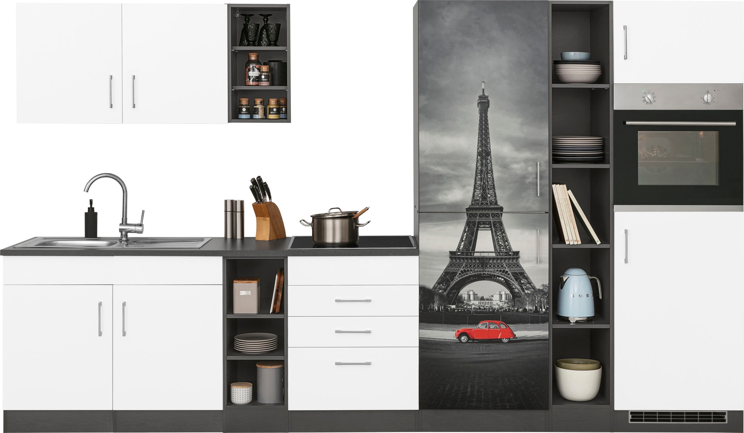 KOCHSTATION Küchenzeile "KS-Paris - Küchen mit einzigartigen Fotomotiven auf den Fronten" Breite 340 cm, wahlweise mit E-Geräten und Induktion