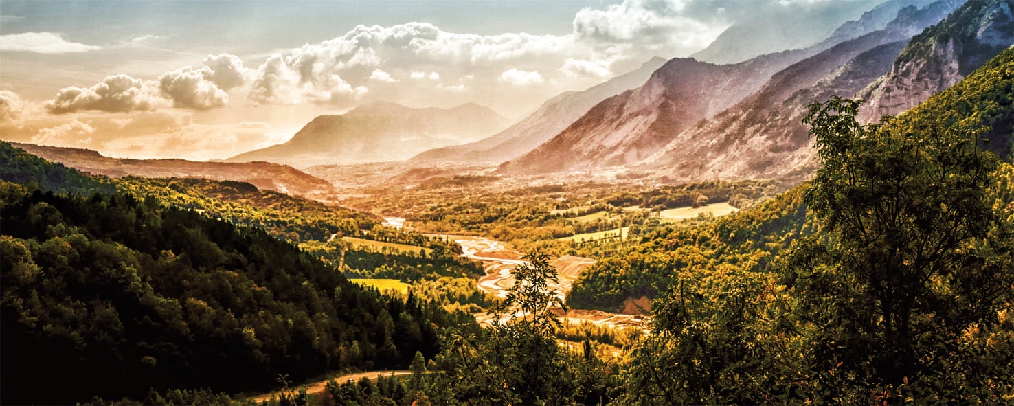 Bönninghoff Glasbild "BERGE LANDSCHAFT 50x125 cm – Wanddeko modern" Berge Landschaften Natur 1 Stk. tlg. rahmenlose Glasoptik mit brillanter Farbwiedergabe