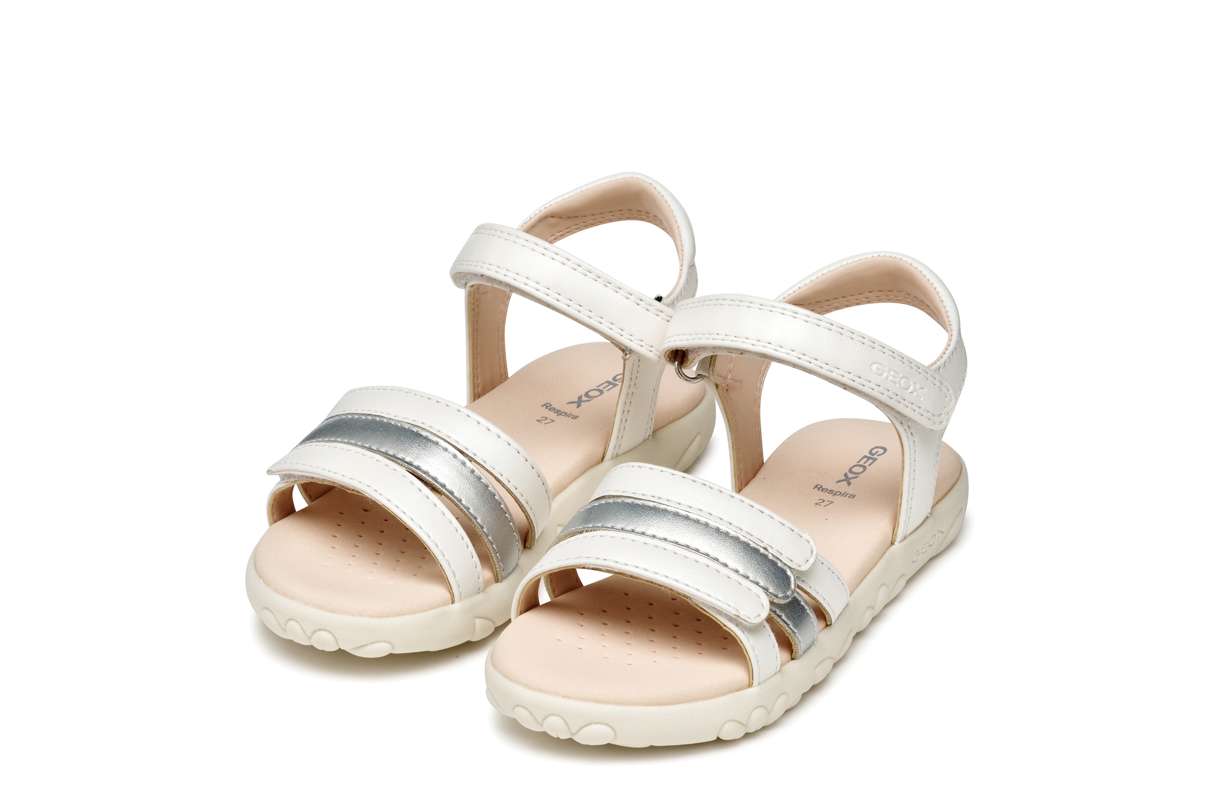 Sandale GEOX "J SANDAL HAITI GIRL", Mädchen, Gr. 30, silber (weiß, silberfarben), Synthetik, festlich, Schuhe Sandale, Glitzersandale, Klettschuh im Metallic Look