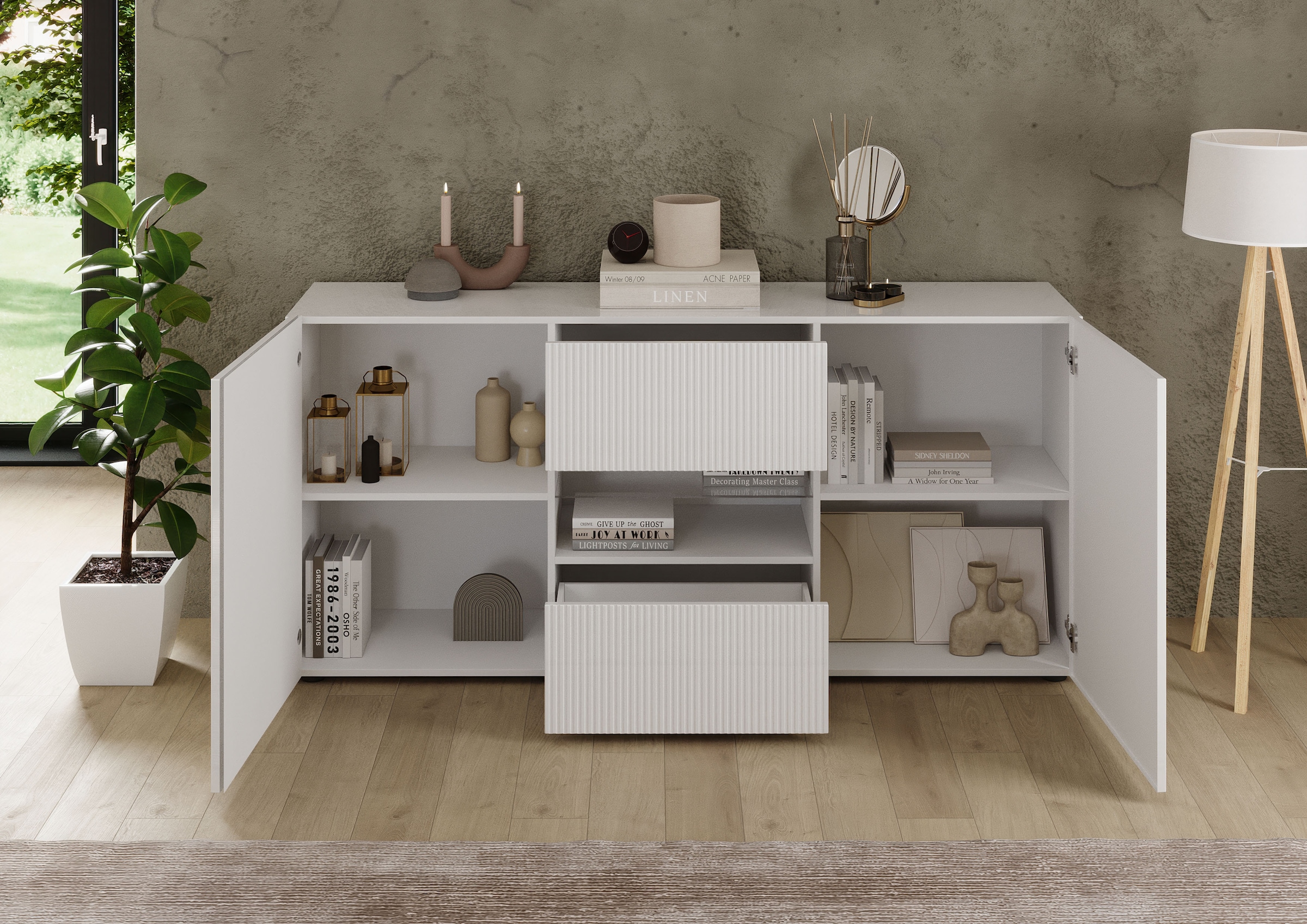 INOSIGN Sideboard »Rio Breite 181 cm, Kommode mit 2 Türen u. 2 Schubkästen,«, Anrichte, geriffelte Front, modern u. elegant, viel Stauraum