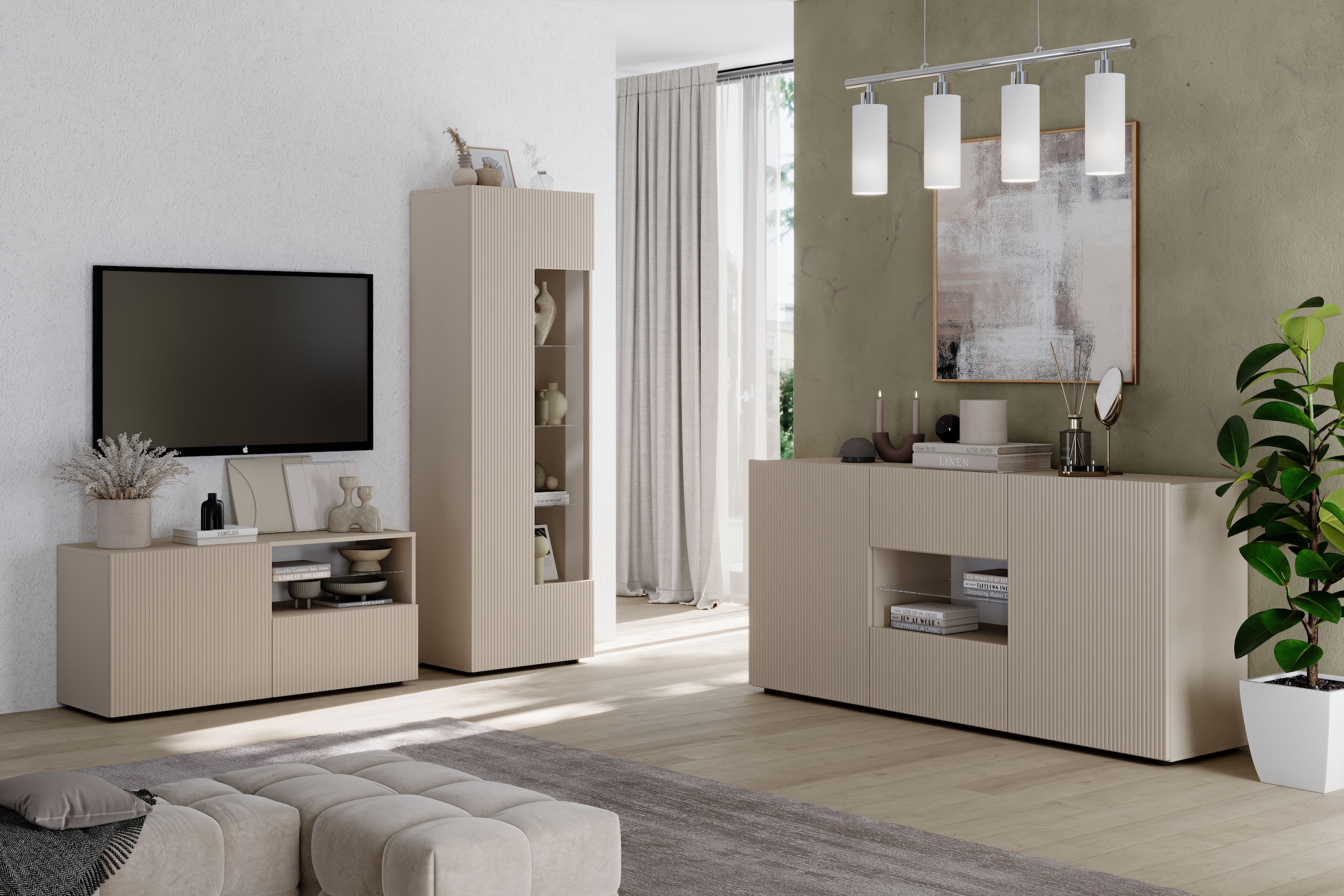 INOSIGN Lowboard »Rio Breite 120 cm, TV-Board 1 Tür u. 1 Schubkasten, TV-Schrank«, geriffelte Front, modern u. elegant, für kleine Räume