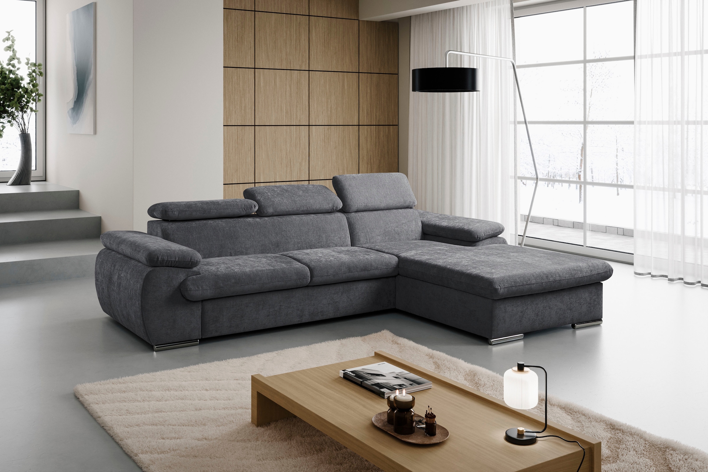 WERK2 Ecksofa "Cosmo 282 x 192 cm modern und bequem" Chenille, L-Form, XXL, Schlaffunktion, Bettkasten