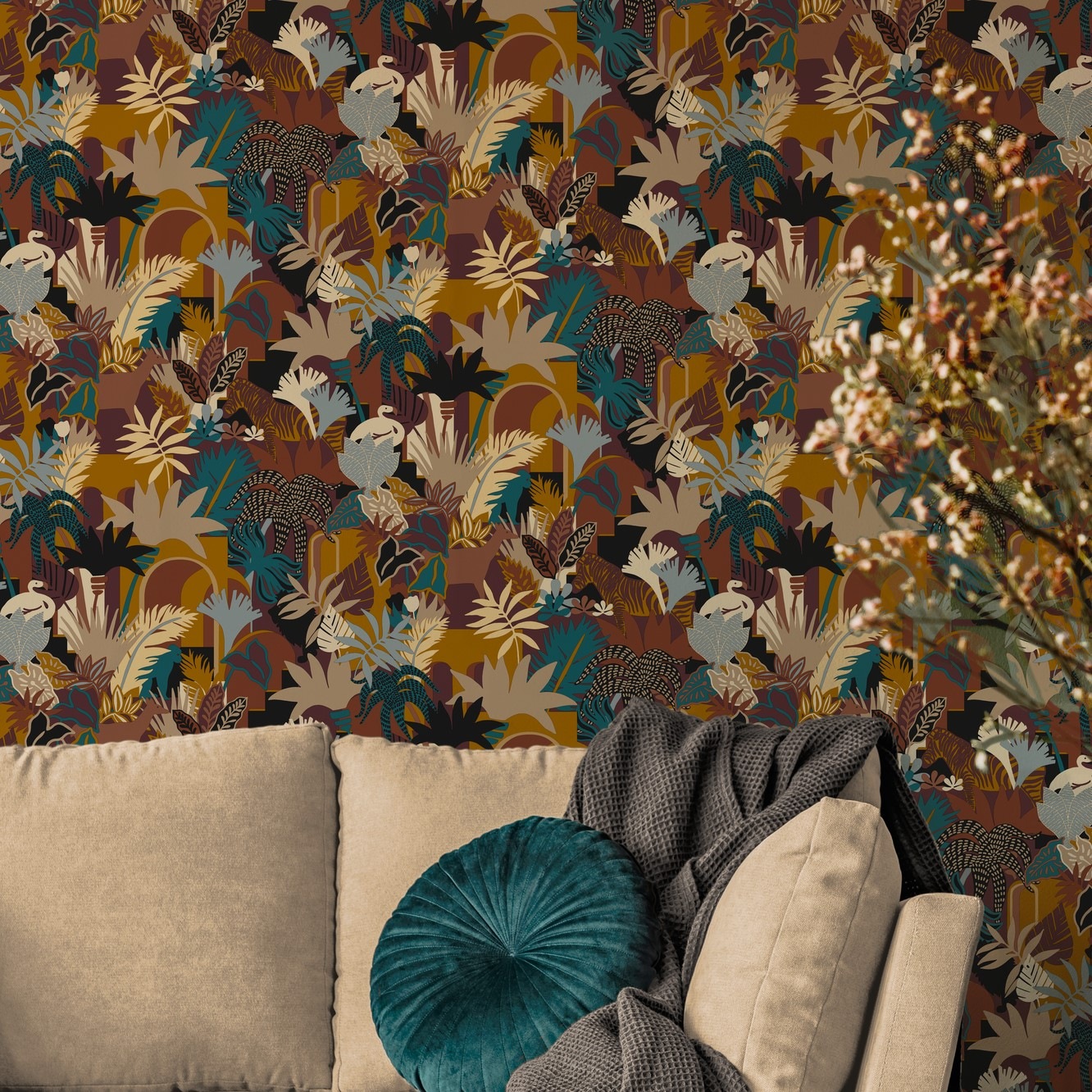 A.S. Création Vliestapete »Antigua Retrotapete Artdeco«, matt-gemustert-neutral, Dschungeltapete Floral mit Tieren Tapeten Wohnzimmer Schlafzimmer Flur