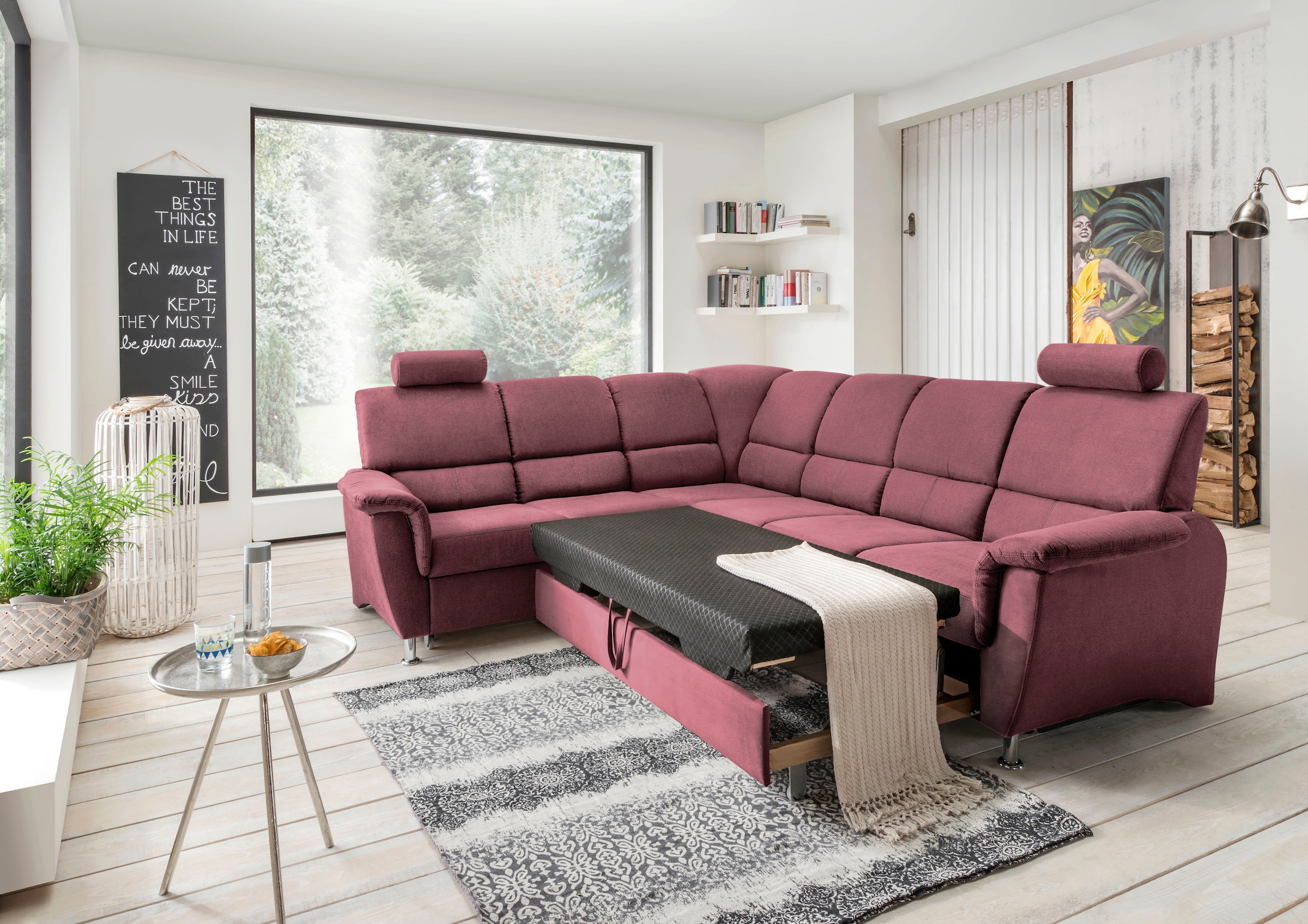 Home affaire Ecksofa »Pisa L-Form, mit Schlaffunktion, Stauraum, 2x höhenverstellbare«, Kopfstützen und Relaxfunktion im Eckelement