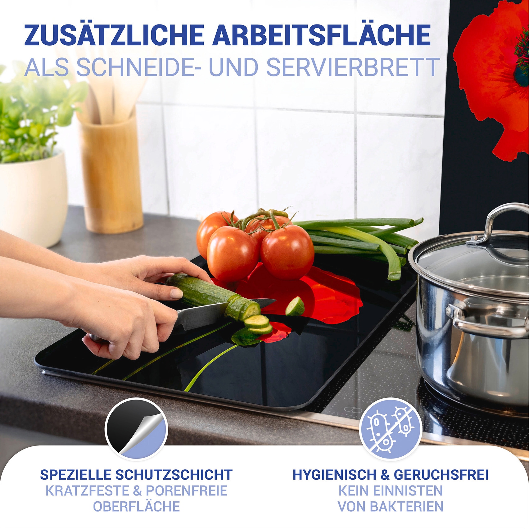 WENKO Herd-Abdeckplatte »Universal Modell Mohn«, (Set, 2 tlg.), Herdabdeckung für alle Herdarten, kratzfest, mit rutschfesten Füßen