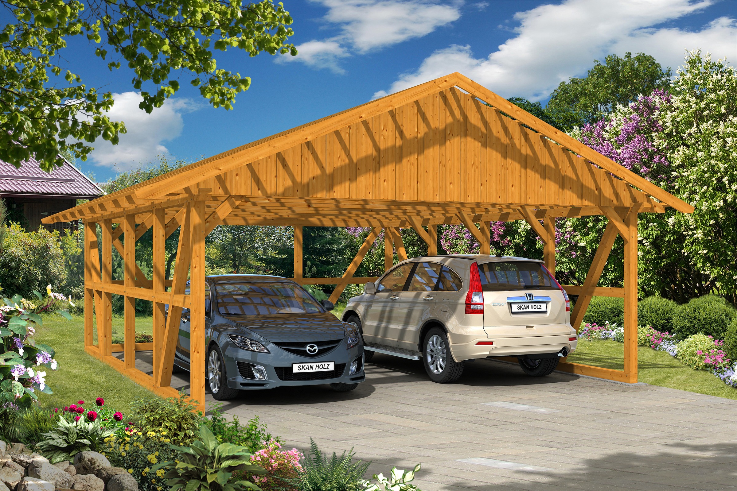 Skanholz Doppelcarport »Schwarzwald«, KVH-Fichte, 560 cm, Eiche hell, mit Dachlattung