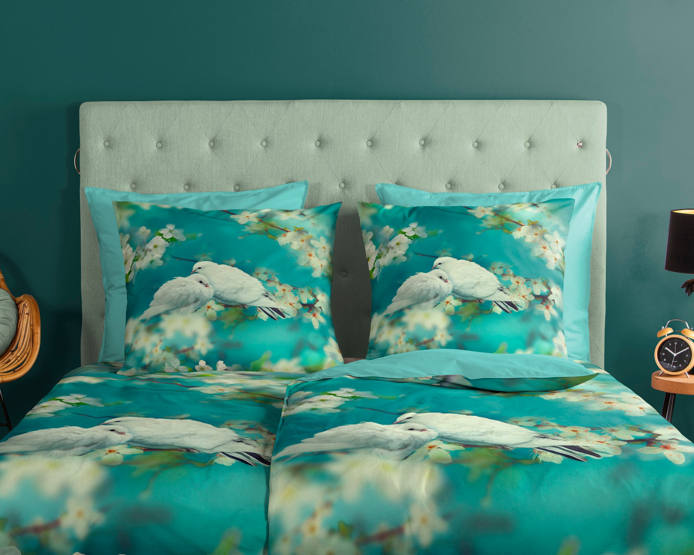 Thumbnail - good morning Wendebettwäsche "Loving" 3 Stk. tlg. 100% Baumwolle, 135x200, Reißverschluss, Wendeoptik, Taube, Türkis