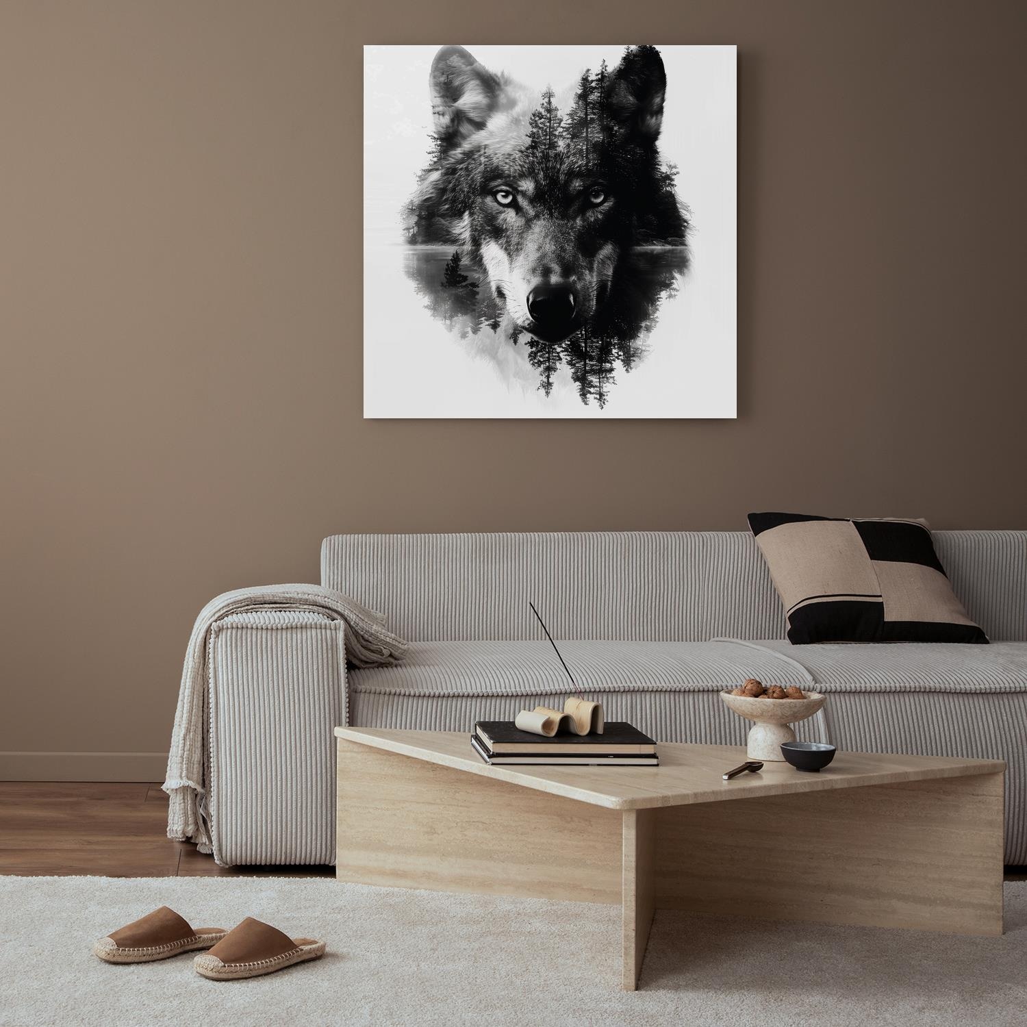 queence Acrylglasbild »Wolfsgesicht«, Baumbilder-Bäume-Gesicht-Kunst-Landschaft-mystischer Wald-Natur-Schwarz-Weiß-Wald-Waldbilder-Wildtiere-Wolfbilder-Wölfe, (1 St.), Fine Art-Print in Galeriequalität