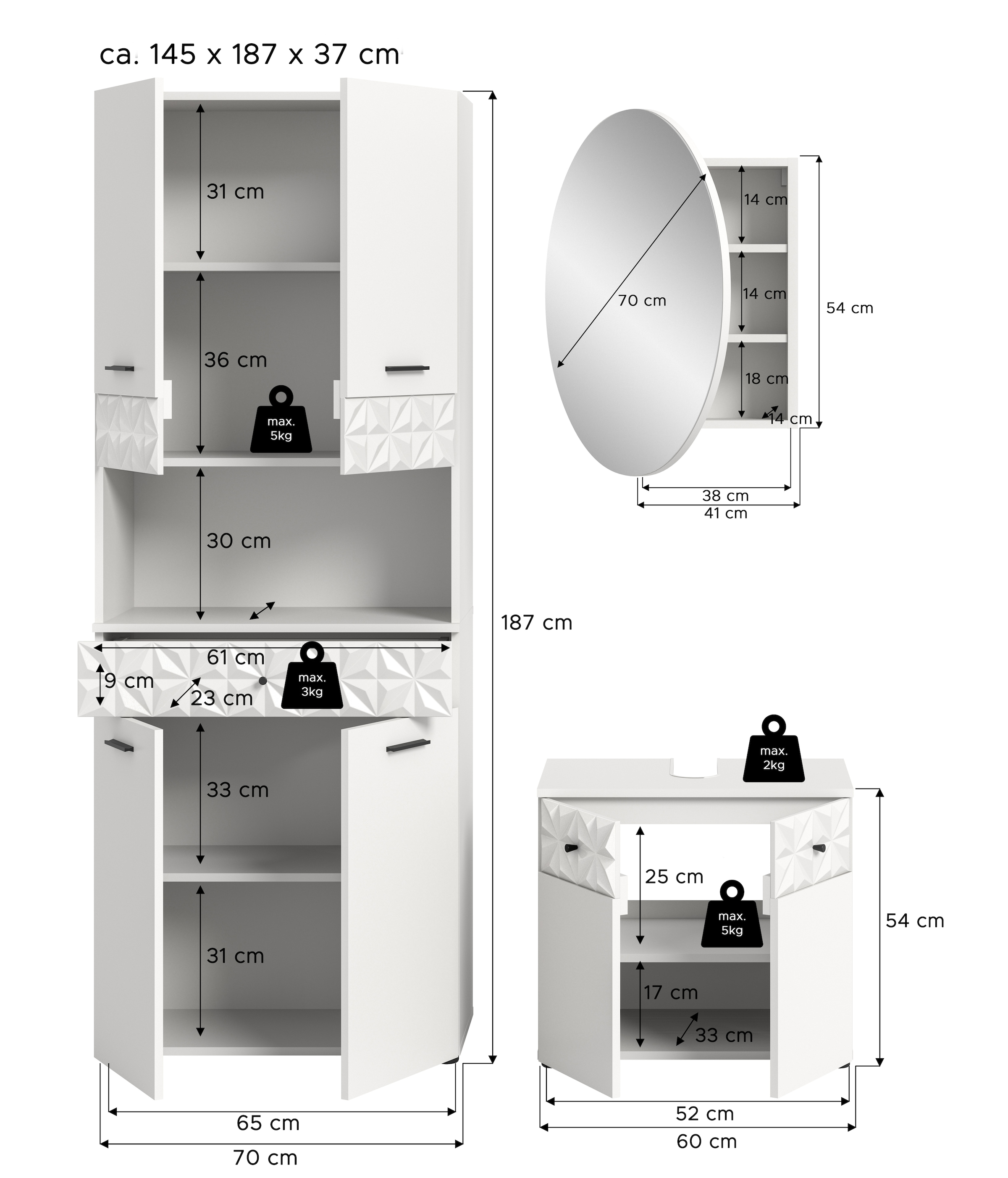 INOSIGN Badezimmer-Set »VICENZA, TOPSELLER!, Breite 145cm, 3-teilig, mit Ornamentabsetzung«, (best. aus: Hochschrank, Waschbeckenunterschrank und Spiegelschrank), Hochschrank, Waschbeckenunterschrank und Spiegelschrank
