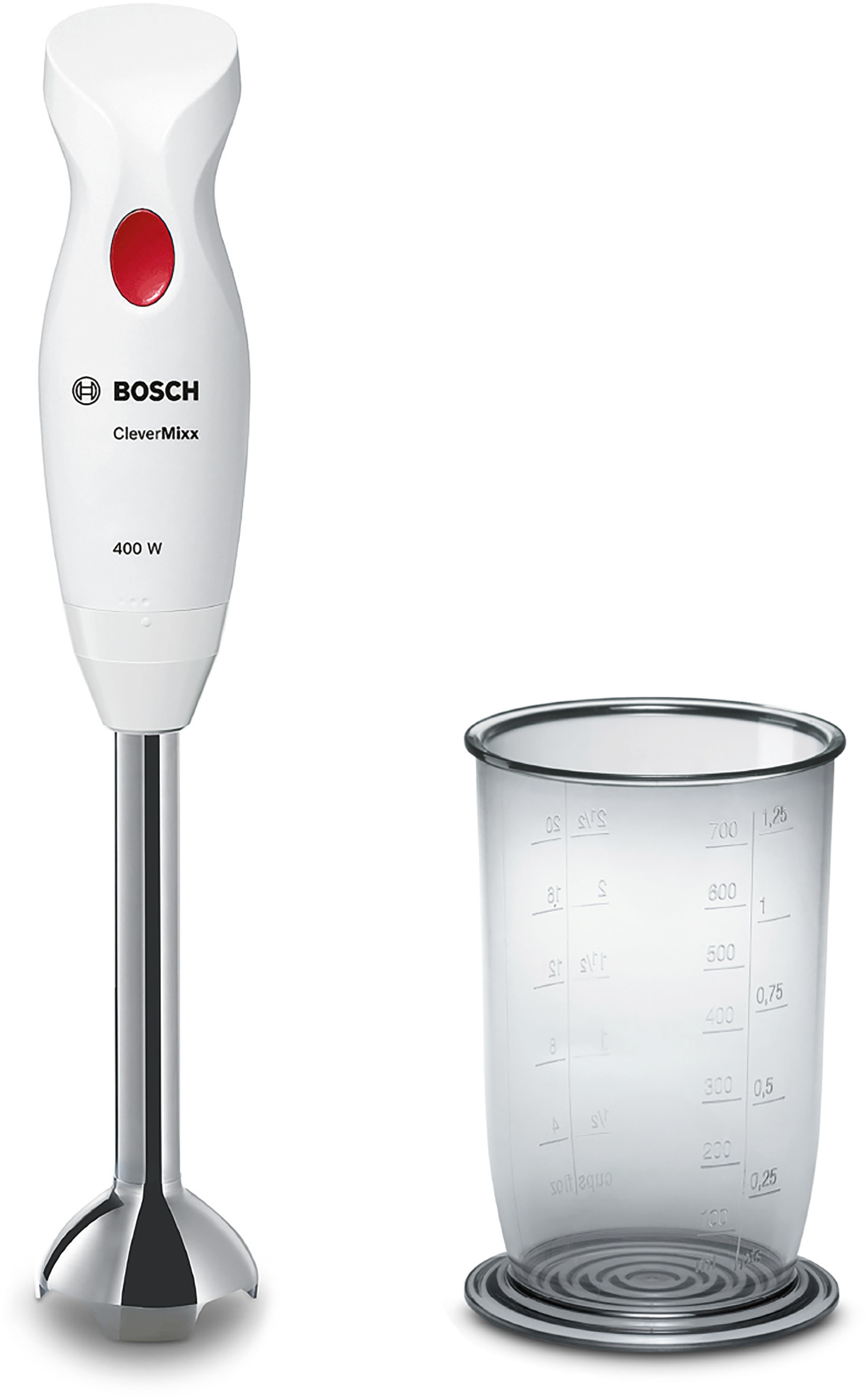 BOSCH Stabmixer "CleverMixx MSM24100, Mixbecher, ergon. Griff, Made in Europe, weiß/rot", 400 W, schnelles Mixen auf Kno