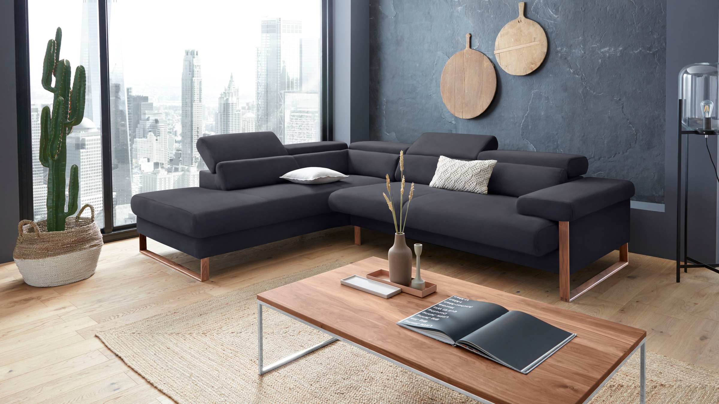 W.SCHILLIG Ecksofa »finn, Designsofa mit tollem Sitzkomfort, bequem, L-Form«, German Design Award 2016, Fußgestell Nussbaum natur, Breite 281 cm