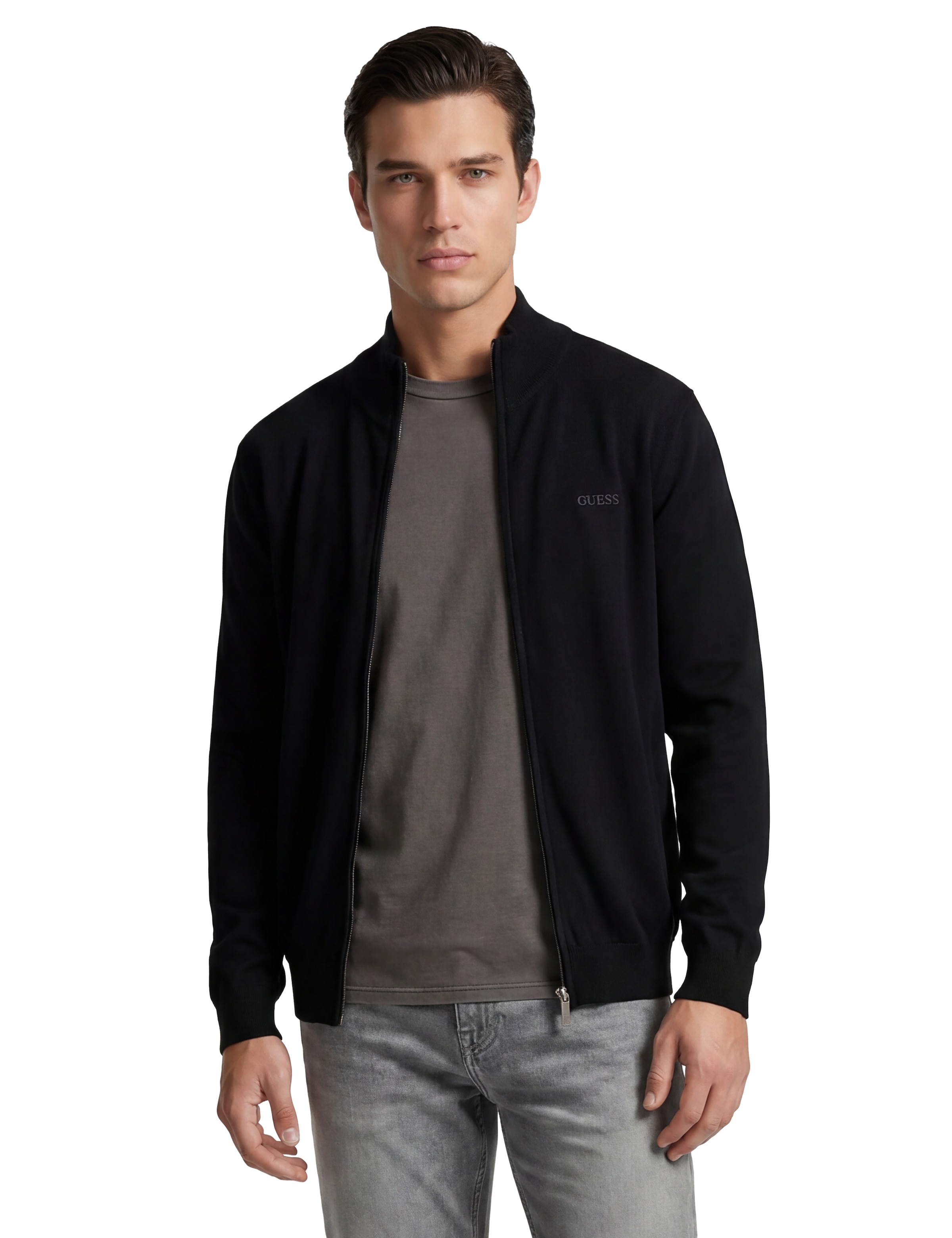 Guess Strickjacke »MAGNUS« mit Woll- und Seiden-Anteil, Stehkragen, Regular Fit