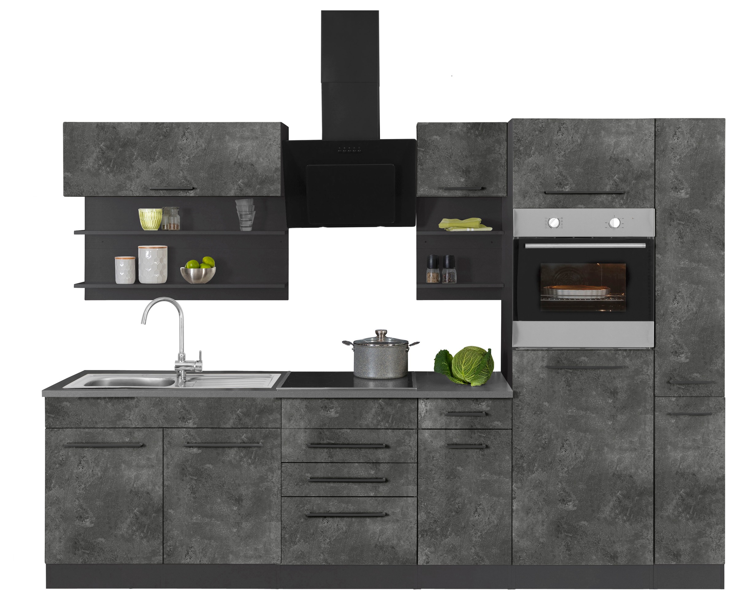 KOCHSTATION Küchenzeile »KS-Tulsa«, ohne E-Geräte, Breite 300 cm, schwarze Metallgriffe, MDF Fronten