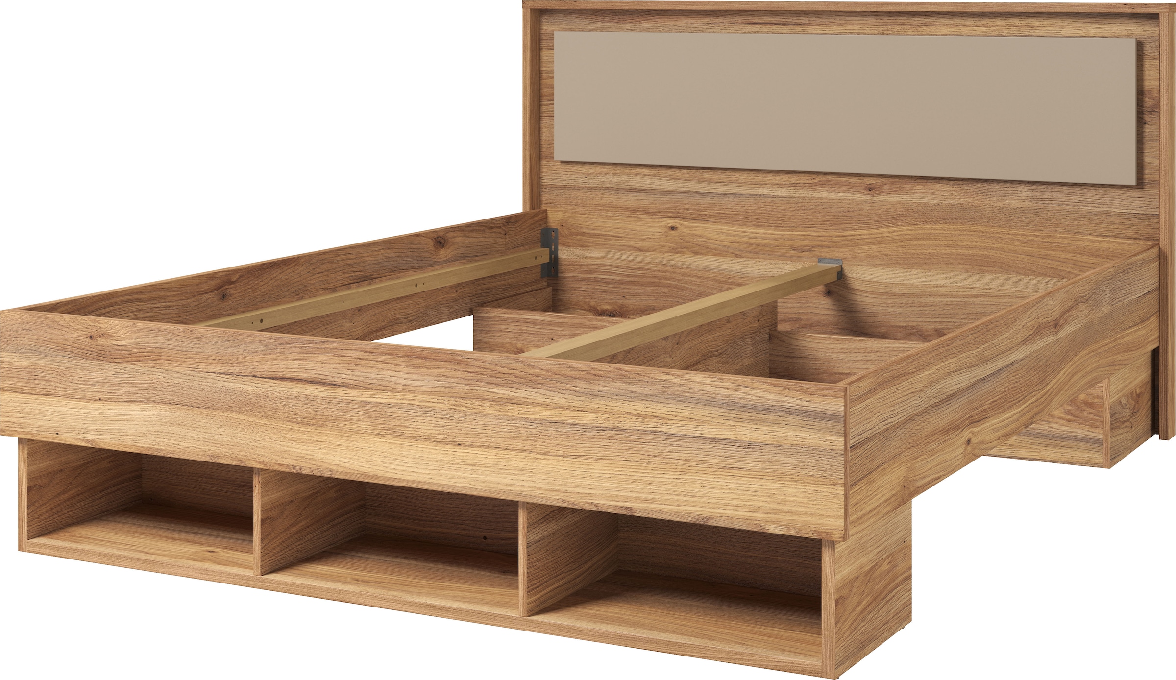 INOSIGN Bettgestell »Wharton, 140, 160 oder 180cm Breite, Made in Europe«, (mit oder ohne Stauraumschubladen), Doppelbett mit offenen Regalen, FSC-zertifizierter Holzwerkstoff