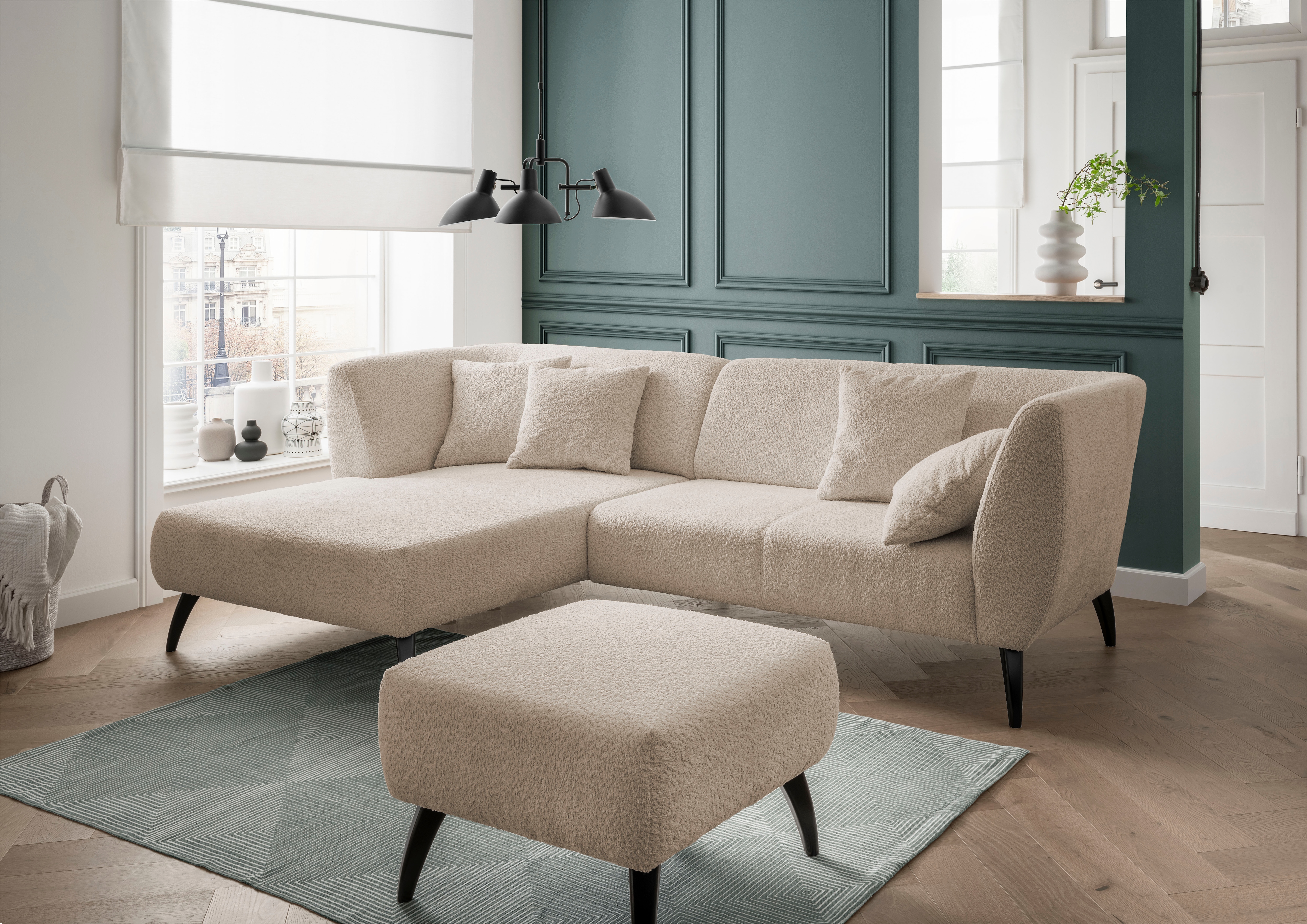 Home affaire Ecksofa "Lazio modern und bequem, schmale Armlehnen, tolle Detailverarbeitung" Holzfußfarbe wählbar, inkl. 4x Zierkissen