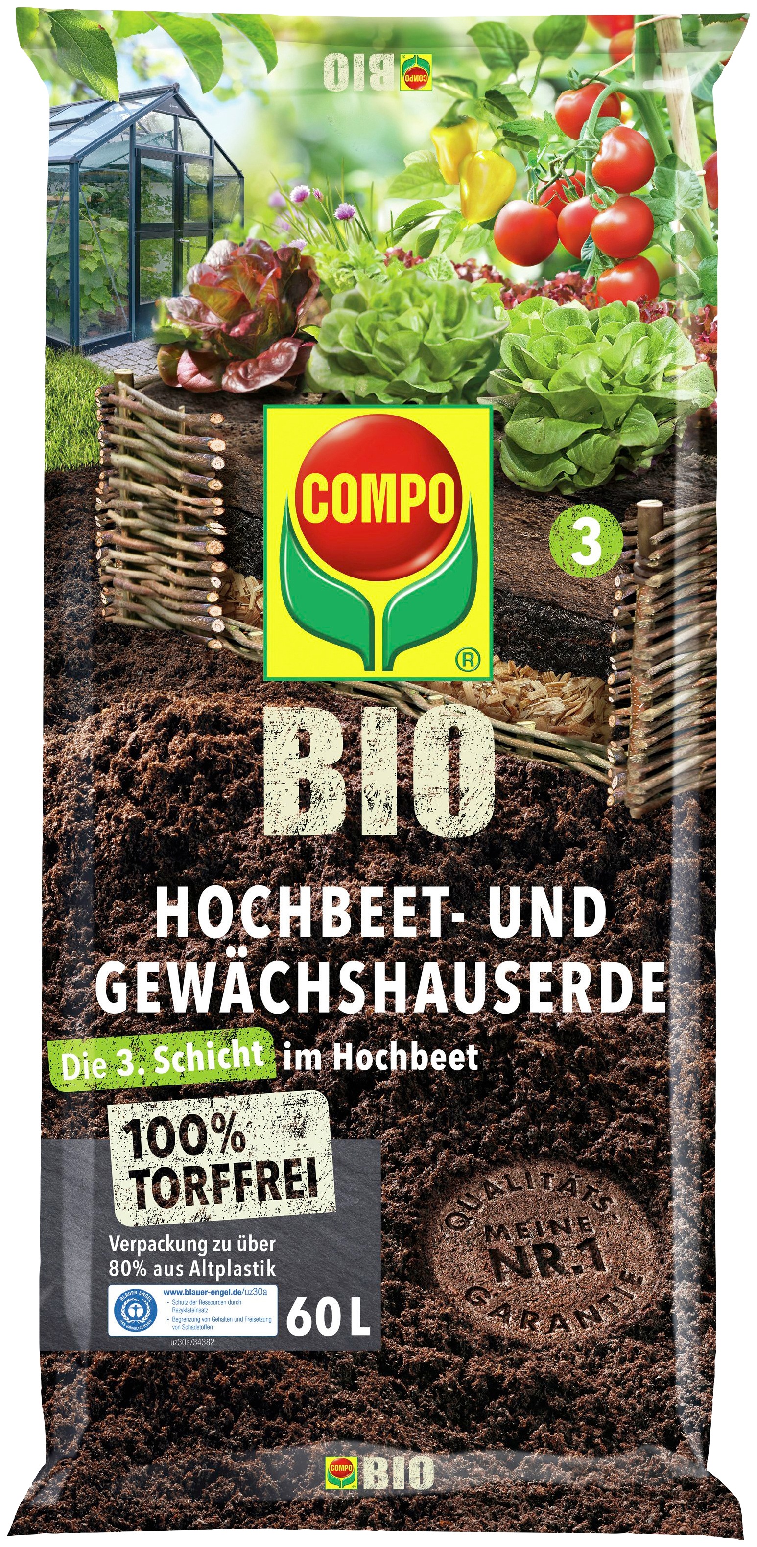 Compo Bio-Erde »COMPO BIO«, Hochbeet- und Gewächshauserde torffrei, 60 ...