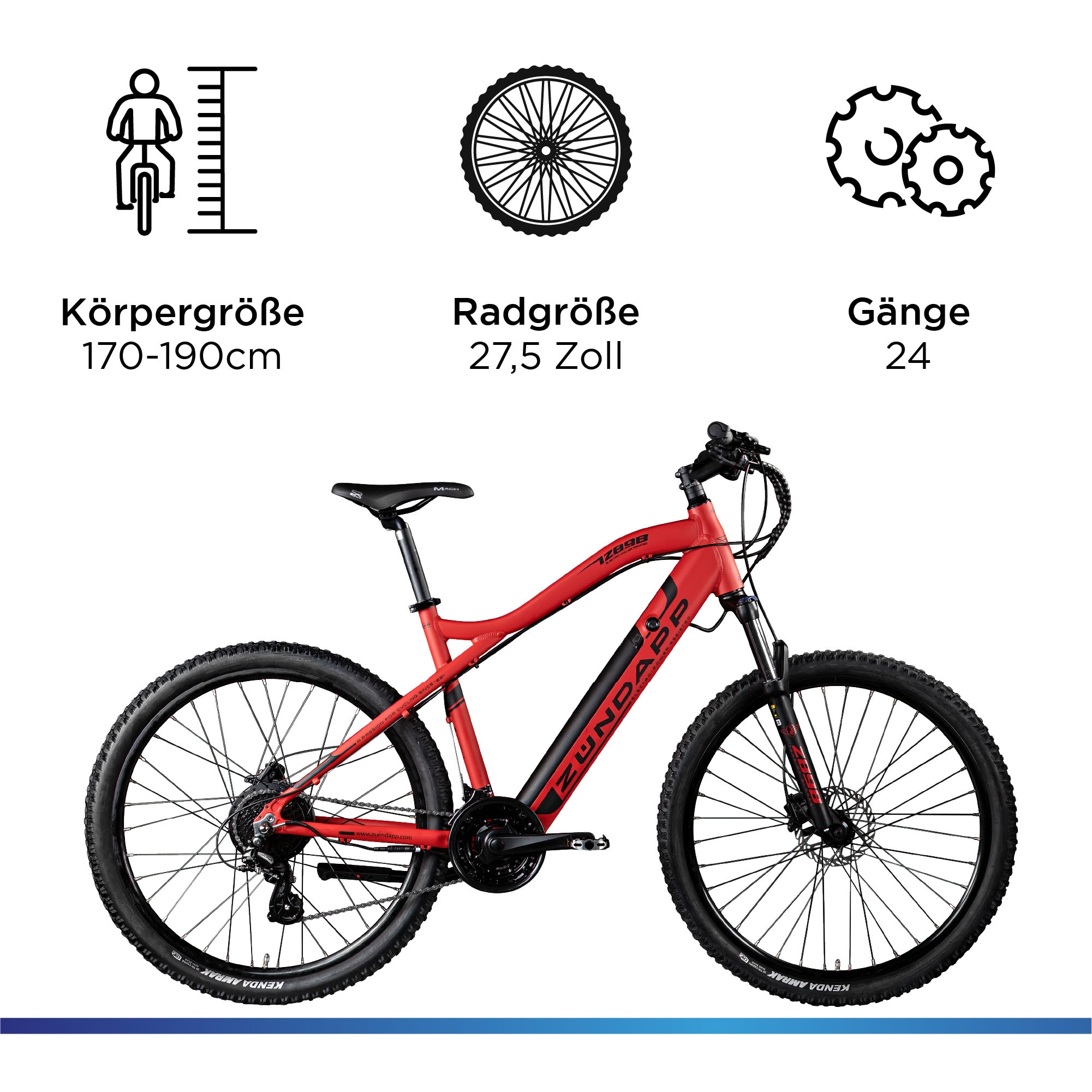 Zündapp E-Bike »Z898«, 24 Gang, Heckmotor 250 W, E-Bike E Mountainbike 27,5 Zoll Pedelec 170 - 190 cm Hardtail MTB