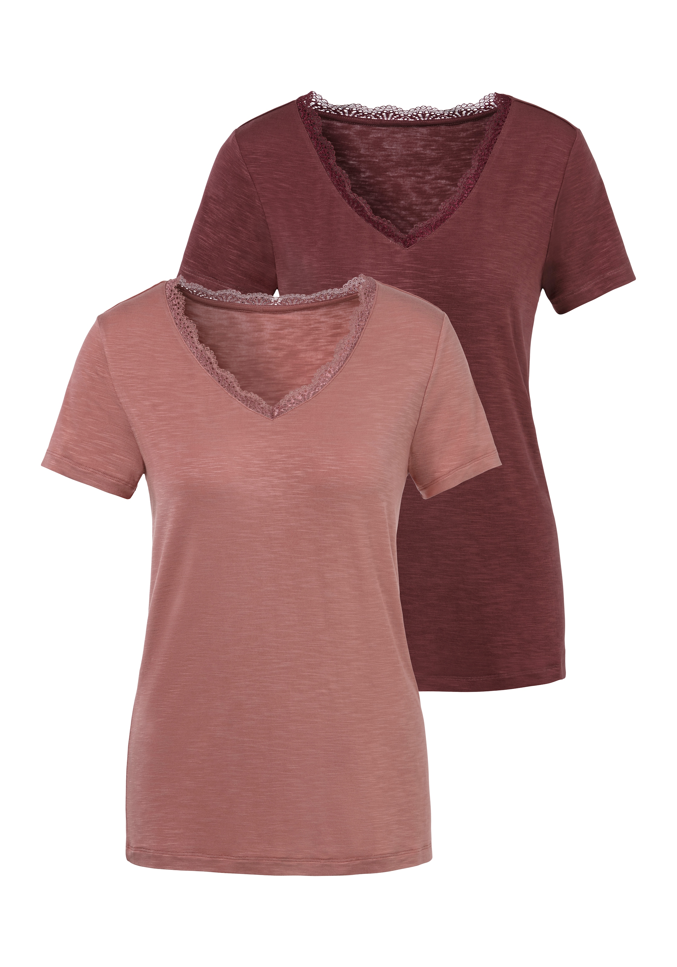 LASCANA T-Shirt, (Packung, 2 tlg.), Ausschnitt Spitze zarter BAUR | am mit kaufen