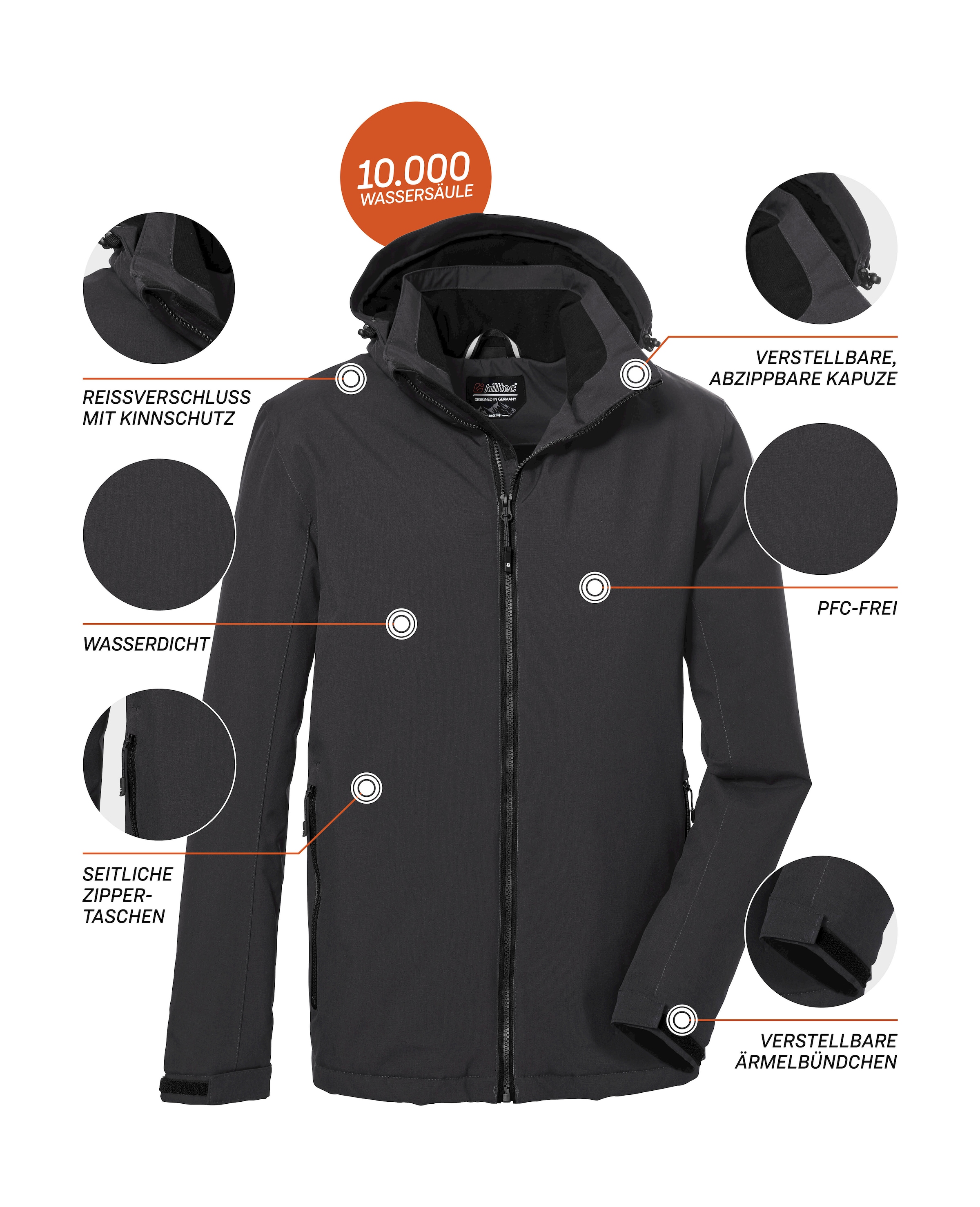 Killtec Outdoorjacke »KOW 22 MN JCKT«, Wasserdichte, atmungsaktive Jacke mit abnehmbarer Kapuze und Taschen