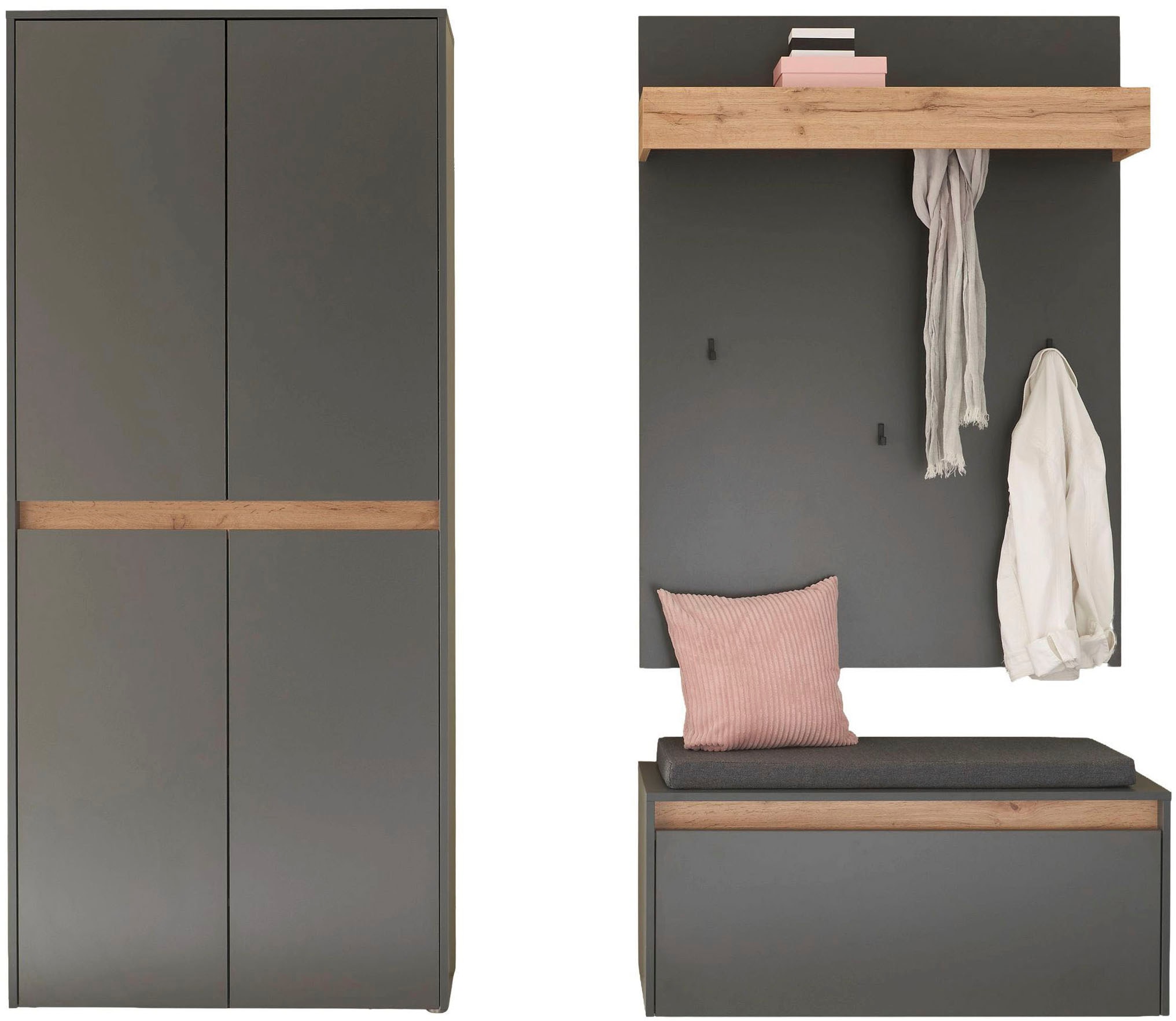 INOSIGN Garderoben-Set »City/Giron, moderne Garderobe, viel Stauraum, ca. 40 Schuhe«, (Set, 3 St.), enthält Schuhschrank, Garderobenpaneel & Garderobenbank mit Sitzkissen