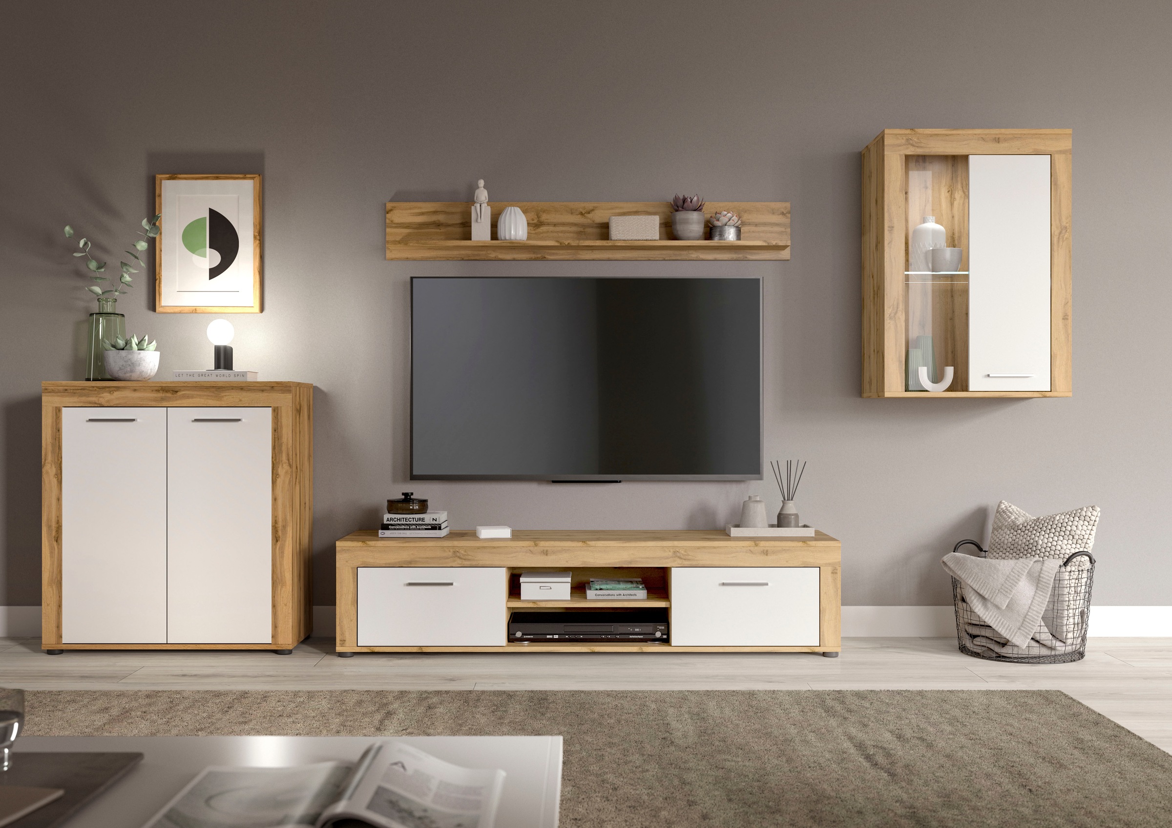 OTTO home Wohnwand "AOSTA, Breite 330cm, 4-teilige Wohn-Kombination" bestehend aus: Highboard, Lowboard, Wandboard & Vitrine, 4 Stk. tlg.